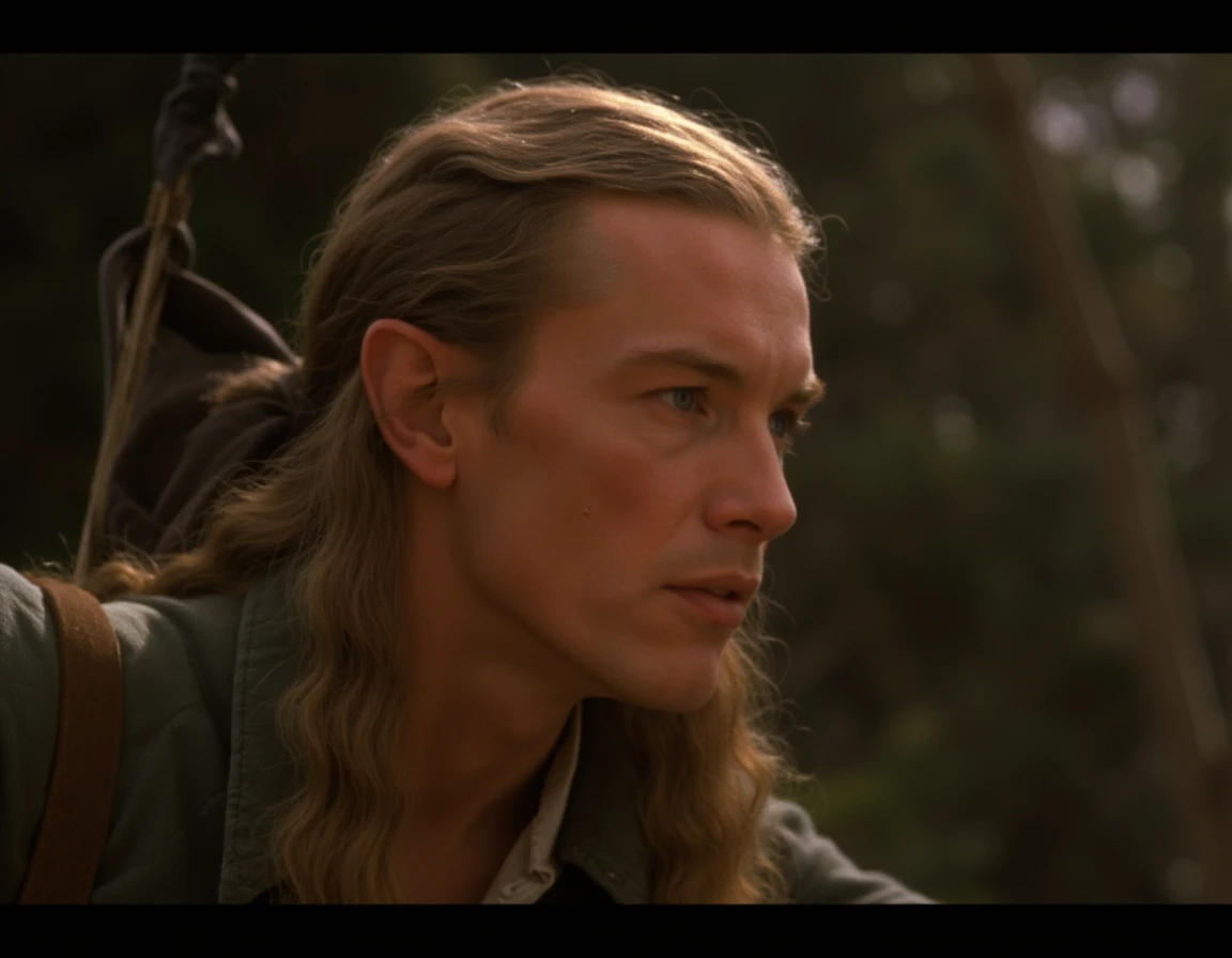 <lora:lotr_flux:1>,cinematic shot of a man with long blonde hair and a bow,