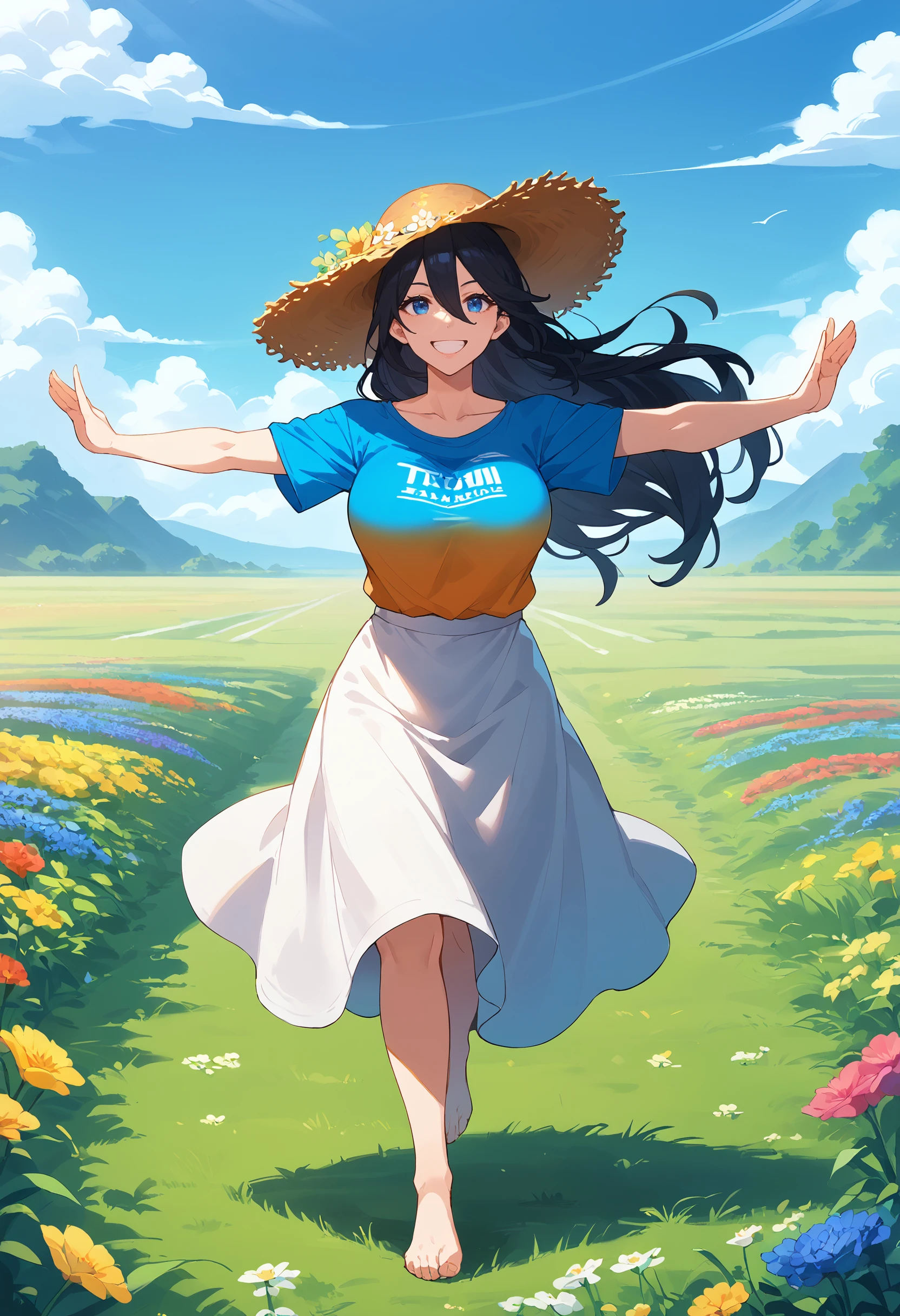 score_9, score_8_up, score_7_up, tpose, t-pose, spread arms, full body, straight-on, running, smile, large breasts, skirt, colorful t-shirt, straw hat, black hair,blue eyes, very long hair, fields of flowers, hair between eyes, mature female, happy, 
<lora:T-Pose (pony) v1:1>