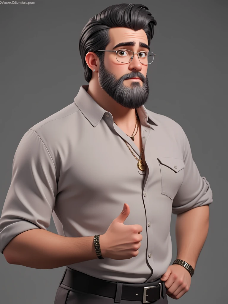 solo, looking at viewer, short hair, shirt, black hair, 1boy, jewelry, brown eyes, upper body, grey hair, male focus, earrings, glasses, necklace, bracelet, facial hair, thick eyebrows, bara, beard, mature male, thumbs up
