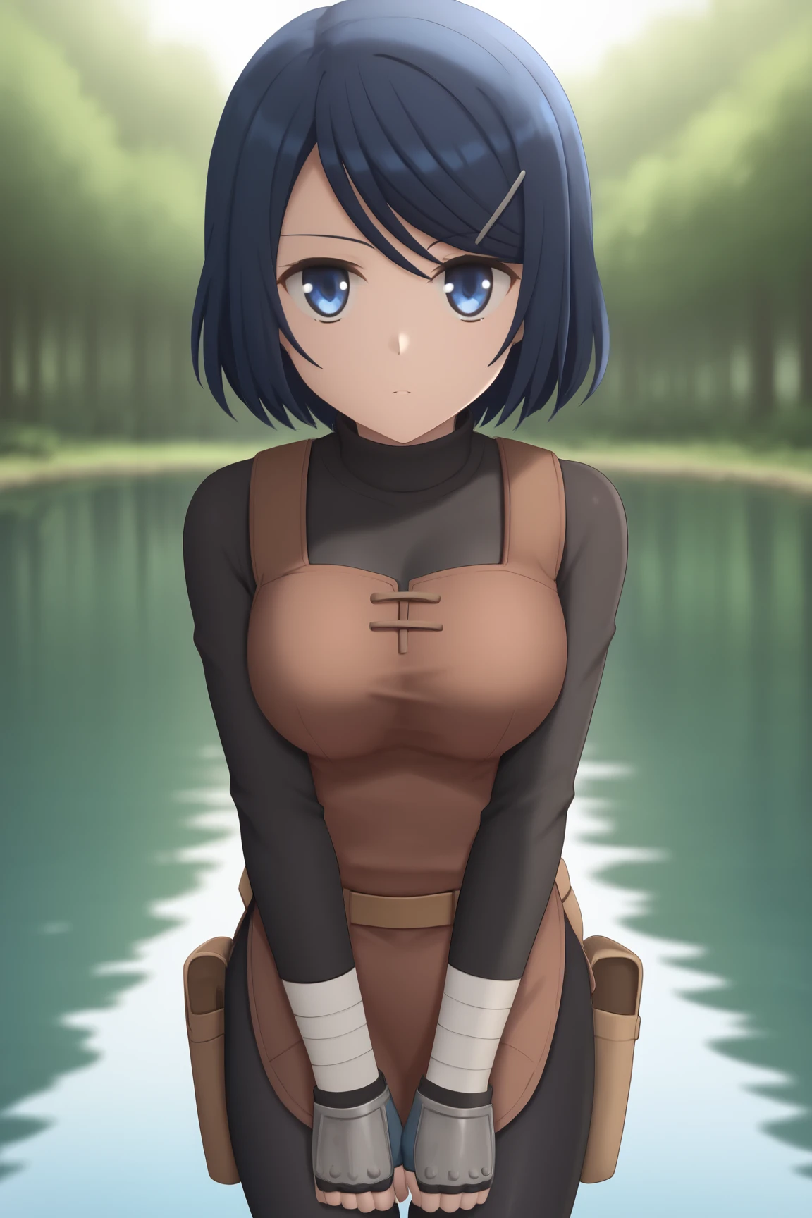 score_9, score_7_up,<lora:clay-pony:0.8> clay_wz, short hair, blue hair, blue eyes, hair ornament, hairclip, breasts, fingerless gloves, grey gloves, bandages, long sleeves, black bodysuit, long sleeves,  thigh pouch, bandaged hand, bandaged hand,  turtleneck, brown belt, pinafore dress, looking at viewer, forest, outdoors, expressionless, meme, parody, v arms,  leaning forward, fisheye view, water, nature, blurry background,  <lora:siraha_style-pony:1> siraha_style