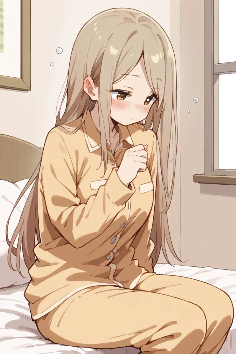 score_9, score_8_up, score_7_up, score_6_up, 
 <lora:Kotone_Noda:1> kotone, 1girl, pajamas, brown eyes, long hair, sitting, blush, sleepy, brown hair, bed, solo