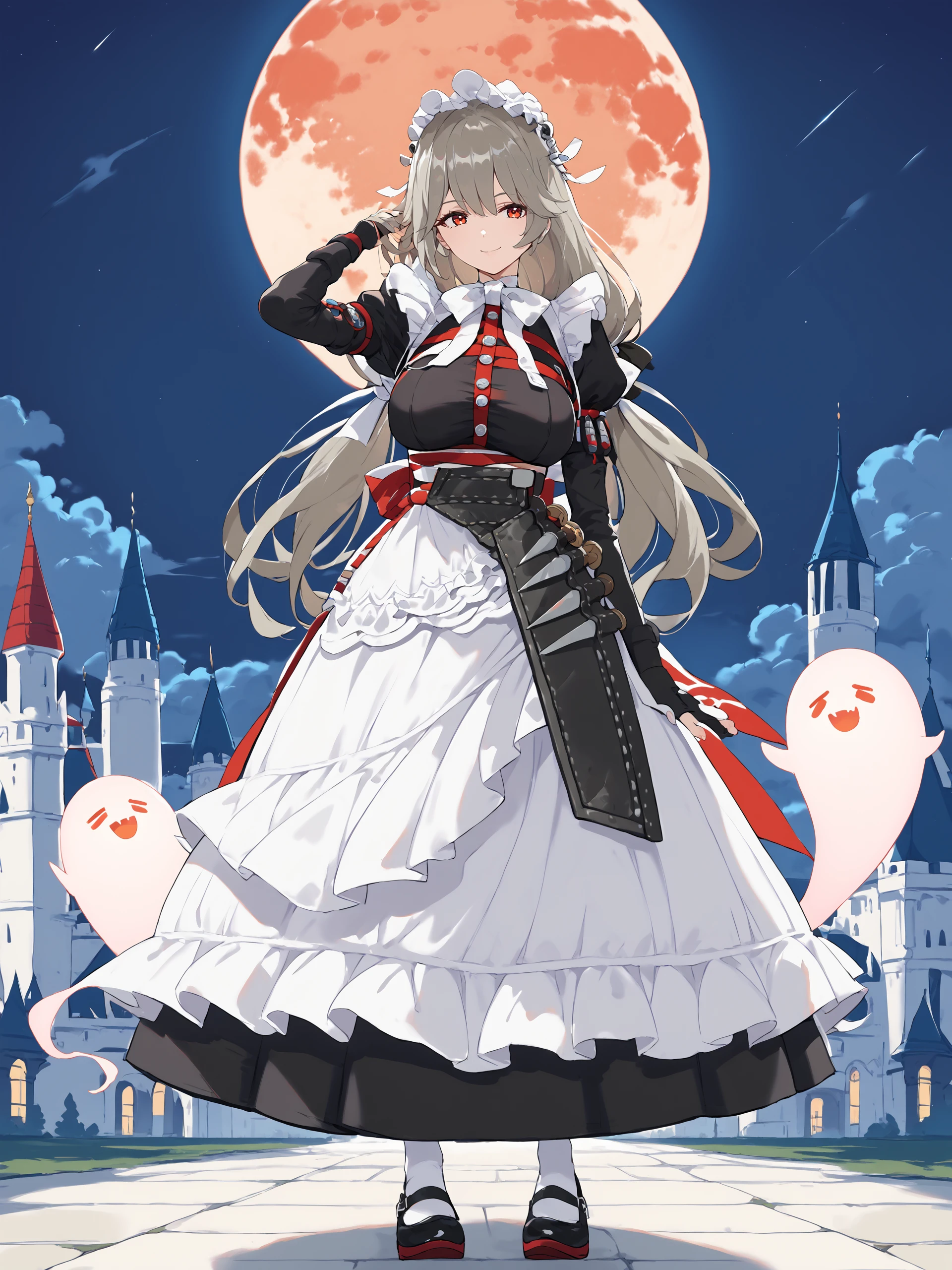 1girl, alexandrina sebastiane, low-tie long hair, hair ribbon, holster, maid headdress, mary janes, black long dress, maid apron, white bowtie, partially fingerless gloves, (looking at viewer, light smile, hand in own hair), full body, night sky, red moon, cloud, castle, outdoors, ghost, depth of field <lora:Char-ZZZ-AlexandrinaSebastiane-pony-V1:1>, score_9, score_8_up, score_7_up, source_anime