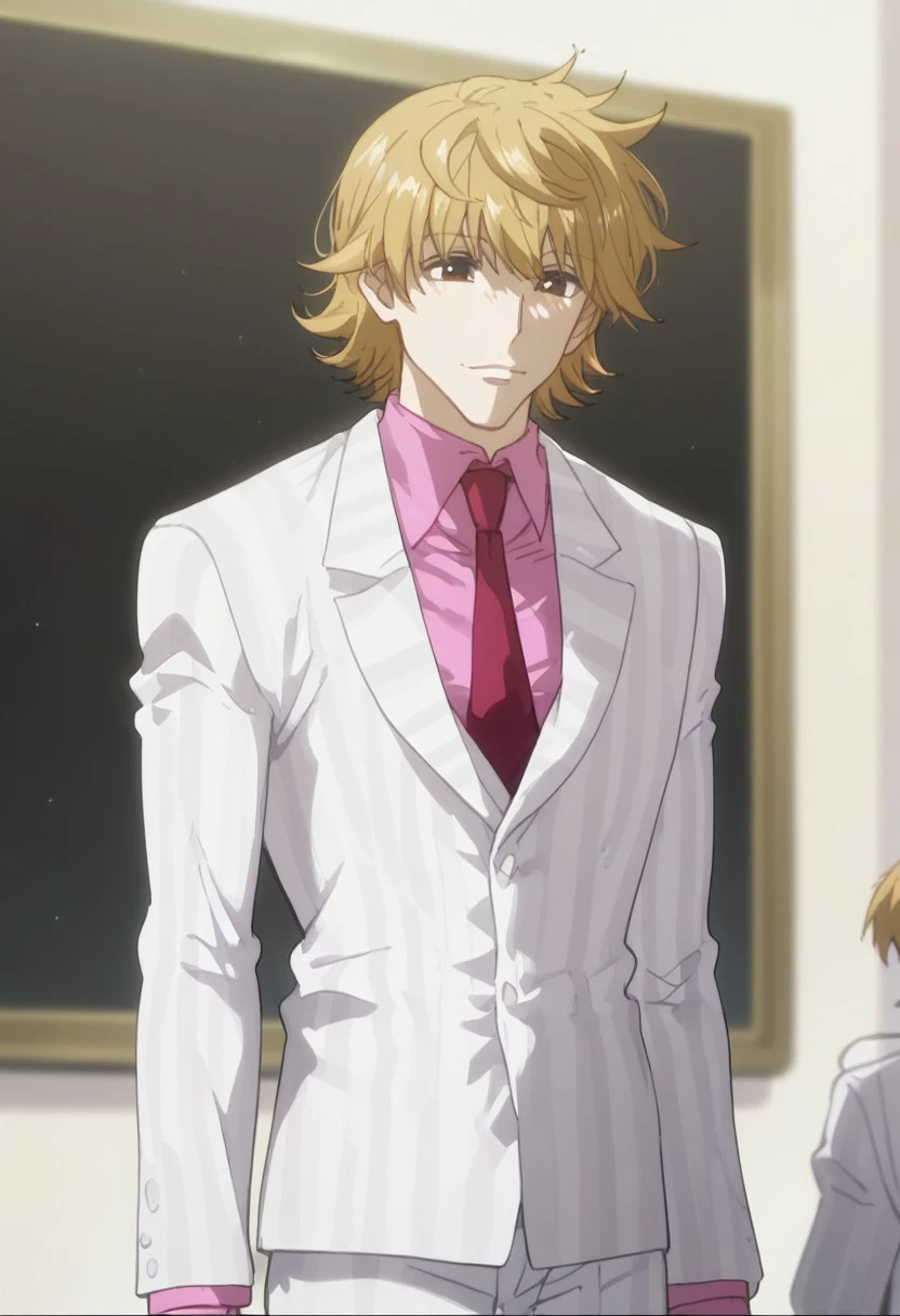 score_9, score_8_up, score_7_up, source_anime, rating_safe, ParistonHXH, blonde Pariston hair, brown Pariston eyes, 1boy, male focus, anime screencap, white Pariston suit, pink Pariston shirt, white Pariston pants, red necktie,