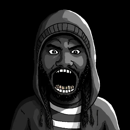 wojak, soyjak, black background, teeth, dark skin, white background, Obese, striped shirt, hood, monochrome, looking at viewer, braid, Resetera shirt, beanie, sweater