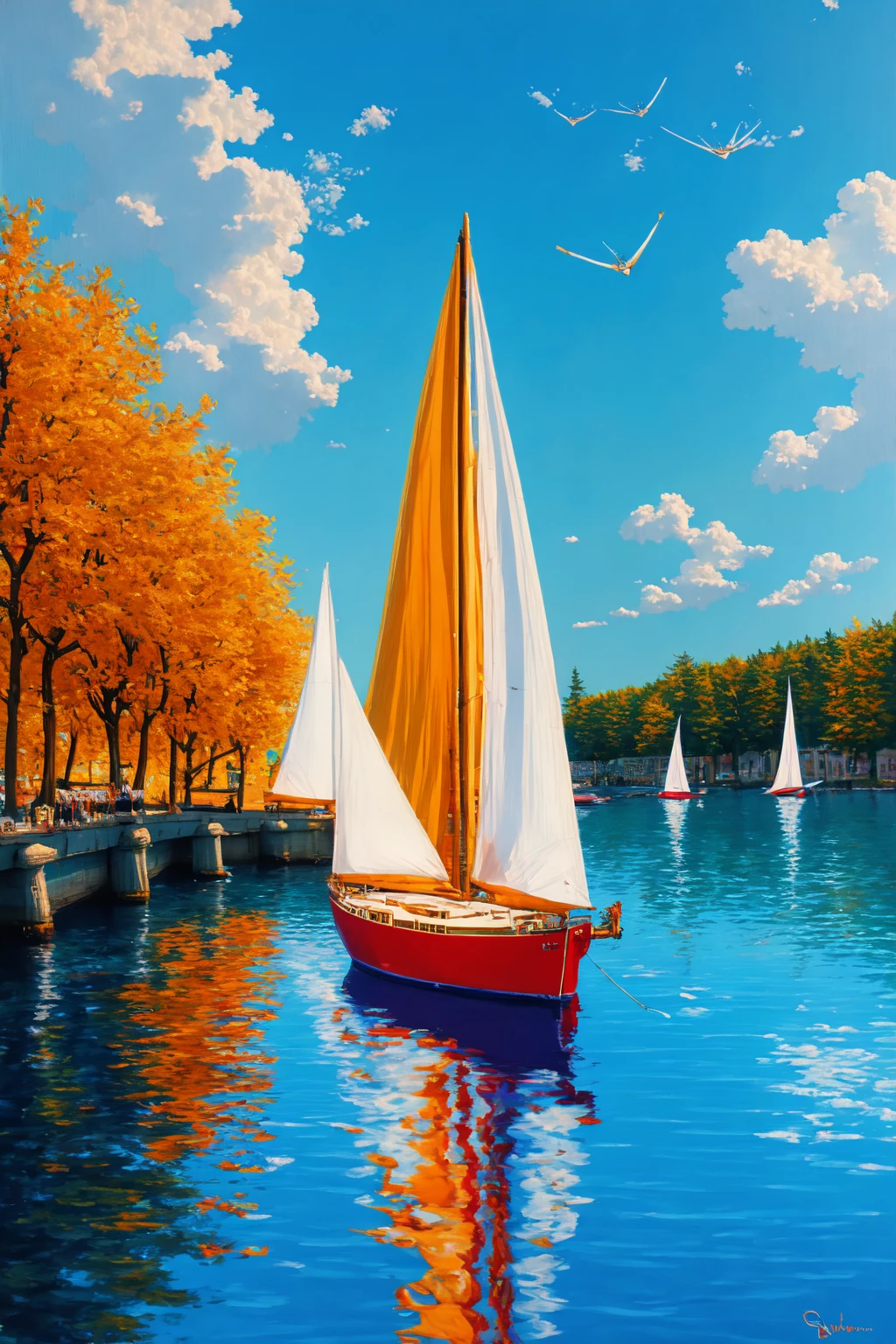 "Create a fine art painting of a sailboat moored in a serene harbor, with its (white sails:1.4) furled and gently resting against the mast. The scene emphasizes the vibrant colors of the boat and its surroundings. The harbor is calm, with reflections of the sailboat and nearby docks shimmering in the water. The background features a peaceful shoreline with a few buildings and trees, adding depth and dimension to the scene. The sky is filled with swirling clouds, contributing to the overall dynamism of the painting. (high level of sharpness to enhance the edges, making them clear and distinct:1.0). (clean, defined edges:1.0). precisionedge <lora:PrecisionEdge LoRA v1.0.1:1>