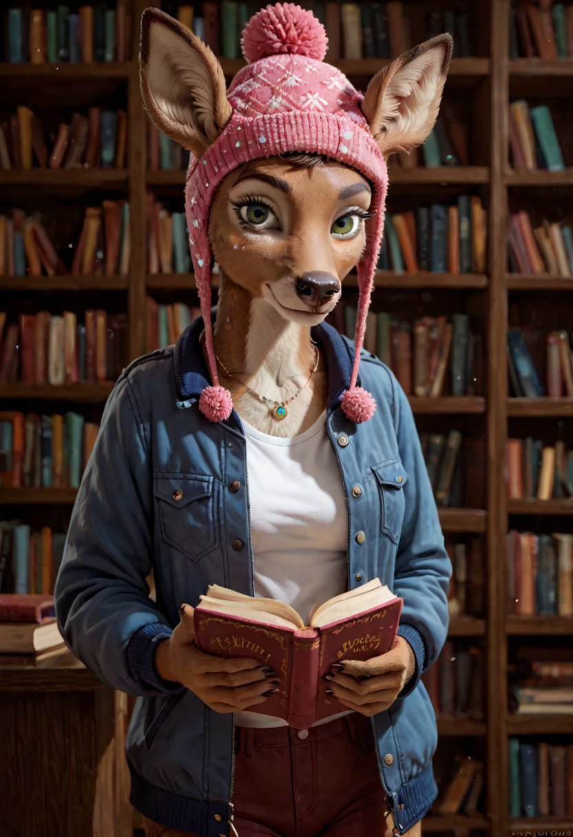 score_9, score_8_up, score_7_up, Penny Carson, 1girl, deer girl, solo, brown hair, brown fur, breasts, cute, green eyes, animal ears, furry female, jacket, pink hat, library, holding books, smile, jewelry, looking at viewer