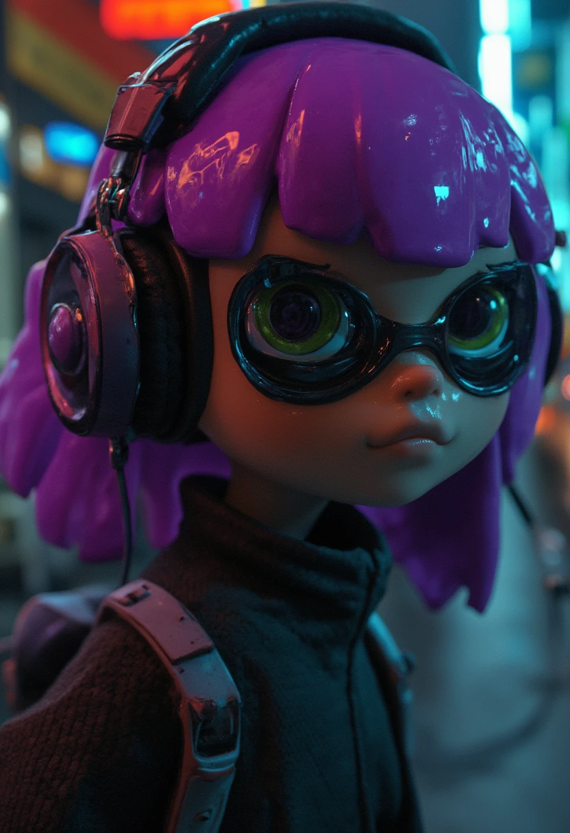 A close-up of a dark-skinned inkling, green eyes, purple hair, headphones, sunglasses, in cyberpunk city, at night