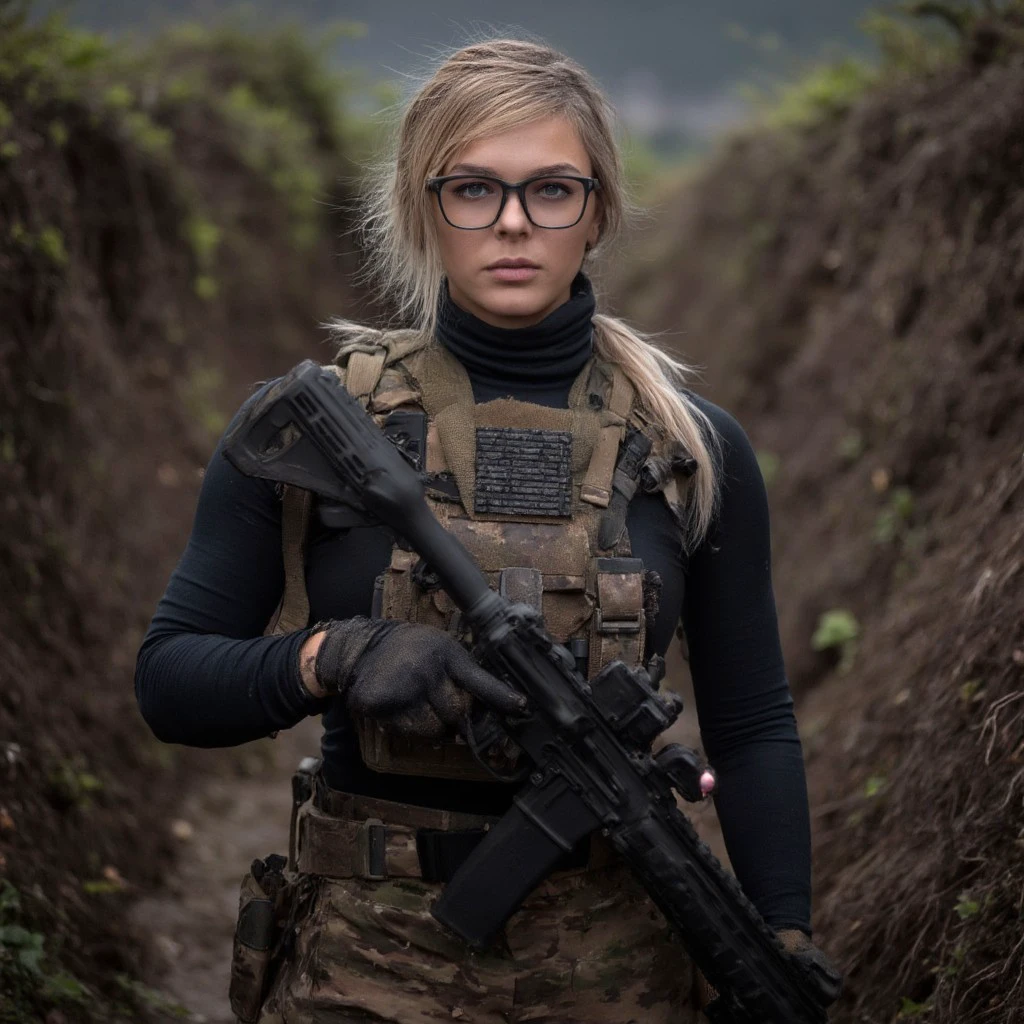 In the photograph, a petite French woman stands resolutely in a muddy trench, her black turtleneck and OCP combat pants smudged with dirt from a long day in the field. She wears a plate carrier over her turtleneck, and her blonde hair falls freely, framing her face adorned with large frame glasses. She grips a marksman rifle with practiced ease, exuding calm determination. Captured with a Canon EOS 5D Mark IV, the image has a slight graininess due to the low light conditions and an ISO setting of 3200, enhancing the gritty realism. The shallow depth of field blurs the trench walls, drawing focus to her poised stance and unwavering expression, embodying strength and resilience amidst the harsh environment.