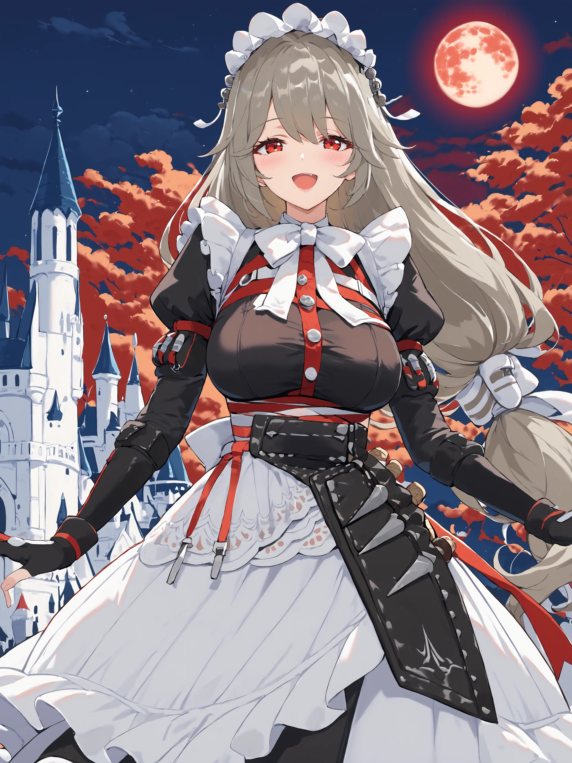 1girl, alexandrina sebastiane, low-tie long hair, hair ribbon, holster, maid headdress, black long dress, maid apron, white bowtie, partially fingerless gloves, (beckoning, reaching, blush, happy), night sky, cowboy shot, red moon, cloud, castle, outdoors, ghost, depth of field <lora:Char-ZZZ-AlexandrinaSebastiane-pony-V1:1>, score_9, score_8_up, score_7_up, source_anime