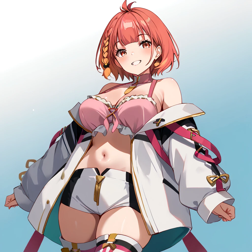 ((masutepiece, Best Quality, hight resolution, nffsw, Perfect Pixel, depth of fields, 4K, )), 1girl in, Solo, , Beautiful anime girl, Beautiful Art Style, Looking at Viewer, Perfect body, Yuigahama Yui, Short hair, single hair bun, pink hair, (large boob), Full face blush, Smile, thighs thighs thighs thighs, pirate outfit, white background, sitting on floor, portrait shot, Focus,