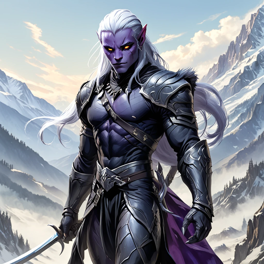 Dark Elf Warrior, holding scimitar, sword, fur trimmed armor, silver hair, male, mountain background, black panther in background