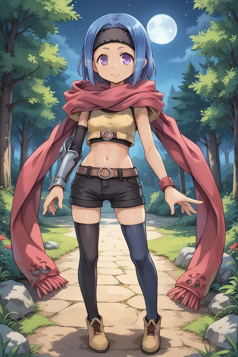 (score_9, score_8_up, score_7_up, score_6_up), source anime, BREAK, solo, <lora:Elena:0.70> eledef, dark skin,1girl, purple eyes, short hair, blue hair, red scarf, headband, crop top, midriff, gauntlet, black shorts, thighhighs, mismatched legwear, asymmetrical legwear, (full body), night, exterior, forest, trees, moon, closed mouth, smile, standing,  <lora:zy_Detailed_Backgrounds_v1:0.5> , detailed background, highly detailed,   <lora:backgroundsetXL:0.4> , background,  <lora:m4gXLP:0.6> , m4g,