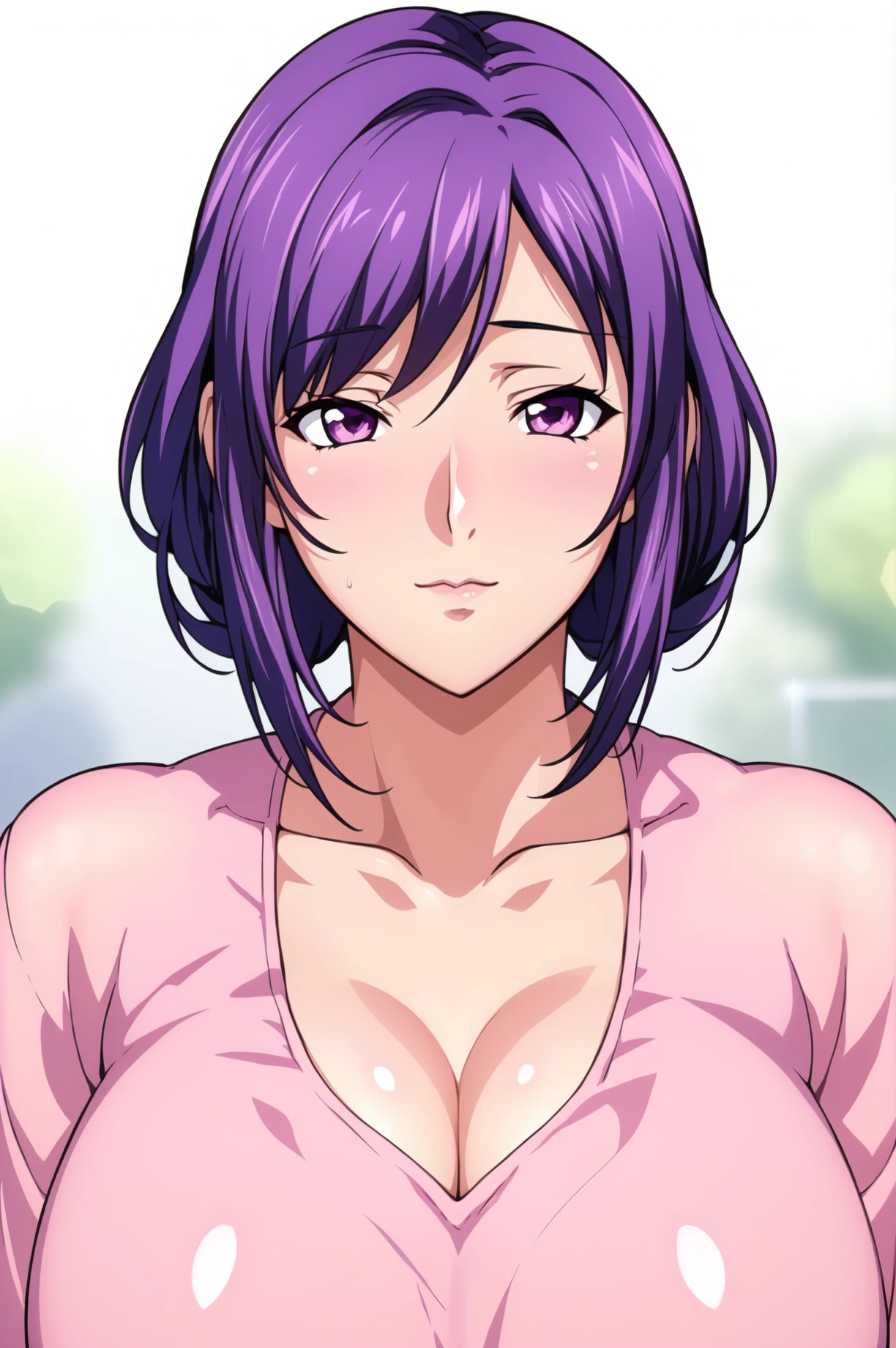 Simple Background,White_Background,
dynamic pose,standing at attention,
(Pink_shirt:1.4), collarbone, cleavage, long sleeves, 
<lora:Kazue_Uehara_SaiminRyoujoku-KK77-V1:0.7>,
Purple eyes, Purple hair,bangs,short hair,Makeup, red lipstick,
<lora:more_details:0.1>,<lora:NovelAI_YesMix5_KKStyle-KK77-Yes5-V1:0.3>,<lora:Oda_Non_Style2-KK77-Yes5-V1:0.3>,
1 girl, 20yo,Young female,Beautiful long legs,Beautiful body,
Beautiful Nose,Beautiful character design, perfect eyes, perfect face,expressive eyes,perfect balance,
looking at viewer,(Focus on her face),closed mouth, (innocent_big_eyes:1.0),(Light_Smile:0.3),
official art,extremely detailed CG unity 8k wallpaper, perfect lighting,Colorful, Bright_Front_face_Lighting,White skin,
(masterpiece:1.0),(best_quality:1.0), ultra high res,4K,ultra-detailed,
photography, 8K, HDR, highres, absurdres:1.2, Kodak portra 400, film grain, blurry background, bokeh:1.2, lens flare, (vibrant_color:1.2),professional photograph,
(Beautiful,large_Breasts:1.4), (beautiful_face:1.5),(narrow_waist),