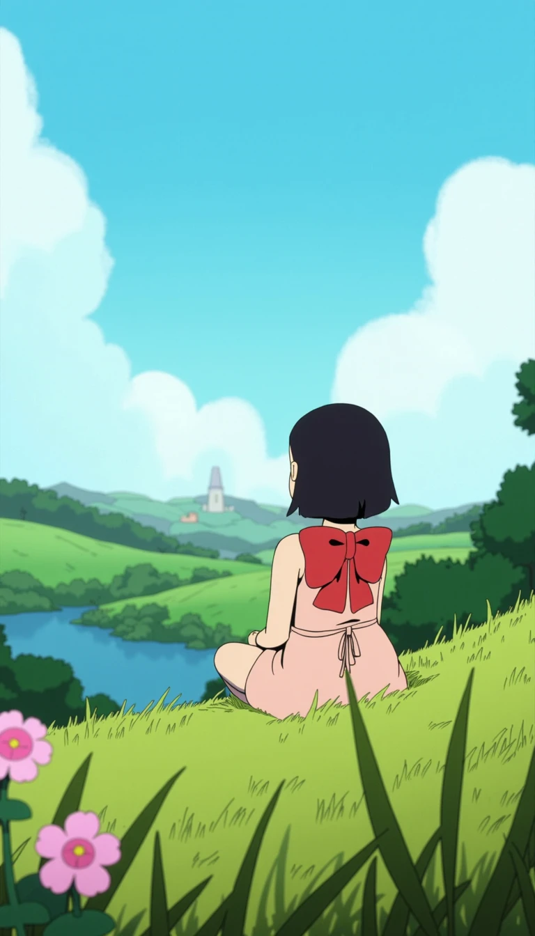 A serene animated scene of a young girl sitting on a grassy hill, looking out over a lush green landscape with rolling hills and a distant river under a bright blue sky with fluffy white clouds. The girl has short black hair and wears a big red bow, a pale pink dress with a ribbon tied at the back. Vibrant flowers and tall grasses sway gently in the foreground, emphasizing the calm and peaceful mood. Studio Ghibli-inspired style, capturing the warmth and tranquility of nature.