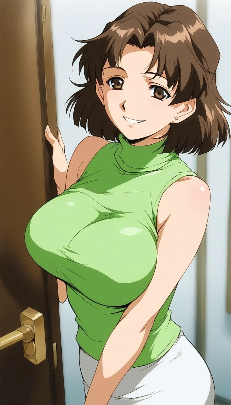 score_9, score_8_up, score_7_up, source_anime, rating_explicit, BREAK  <lora:Minami_Nadeshiko_Anime_XL:1> MinamiNadeshiko_Anime, brown hair, short hair, large breasts, brown eyes, parted bangs,
1girl, solo, turtleneck, skirt, sleeveless,  sleeveless turtleneck, pencil white skirt, door, green shirt, smile, shirt, looking at viewer, indoors, sleeveless shirt