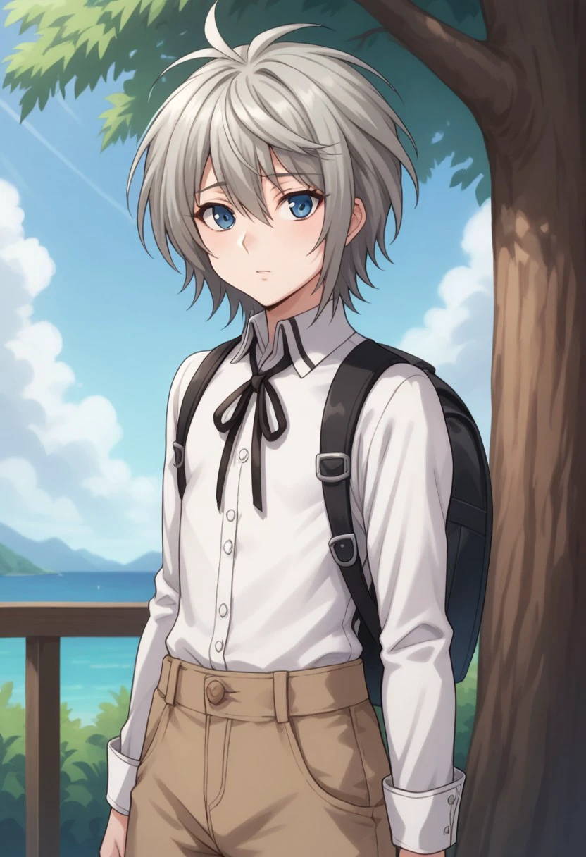 score_9, score_8_up, score_7_up, source_anime, highly detailed, 
shiina, solo, blue eyes, male focus, 1boy, shorts, upper body, grey hair, standing, long sleeves, looking at viewer, androgynous, brown shorts, ribbon, neck ribbon, blue eyes, shirt, white shirt, backpack,
outdoor, sky, tree