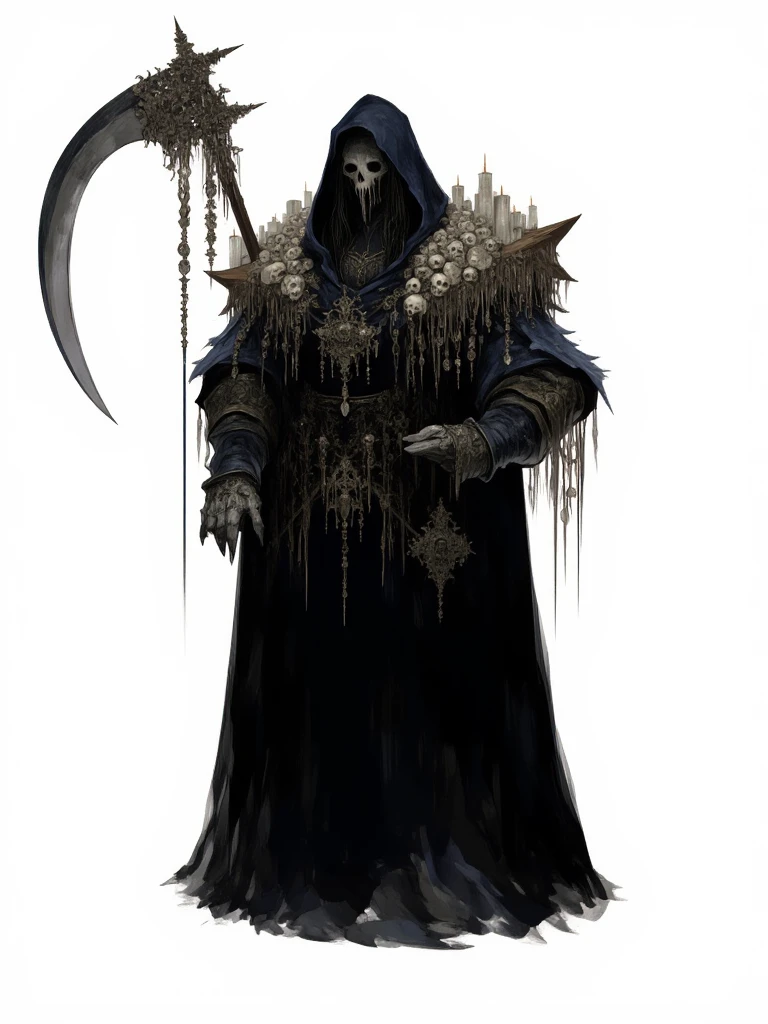 AmanoER, Character design ref sheet of a grim reaper. He has a flowing black robe and a hood over his head, he wears a skull mask over his face and wields a scythe with skulls on strings. He has shoulder pads made out of wood that have a cluster of melting candles on them