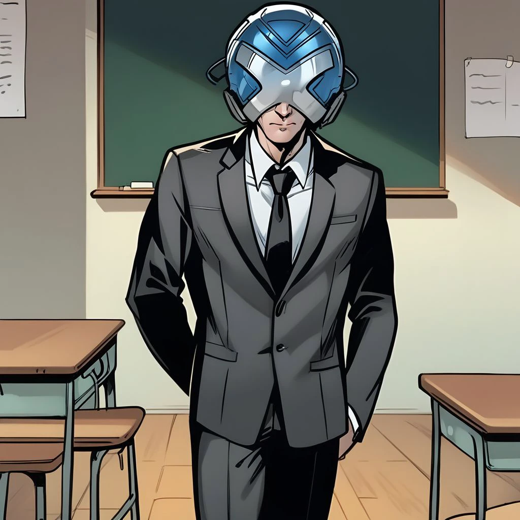 score_9, charles_xavier, helmet, standing inside a classroom, blackboard in the background, black teacher's suit, hands behind his back, looking at the viewer, closed mouth, <lora:professor_x:1>