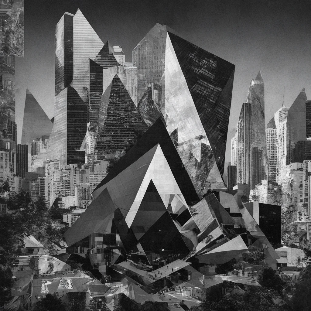 Collage-Style, Create an urban scene featuring a modern, angular random distorted building with a triangular, pyramid-like structure in the center. The building is composed of dark, textured concrete, contrasting with the sleek, reflective glass surfaces of the surrounding skyscrapers. The street is bustling with people, reflecting the lively atmosphere of a busy city. The sky is clear and bright, with a vivid blue color that enhances the sharp lines and geometric shapes of the architecture. The overall composition should highlight the contrast between the modern, bold architecture and the dynamic urban environment.