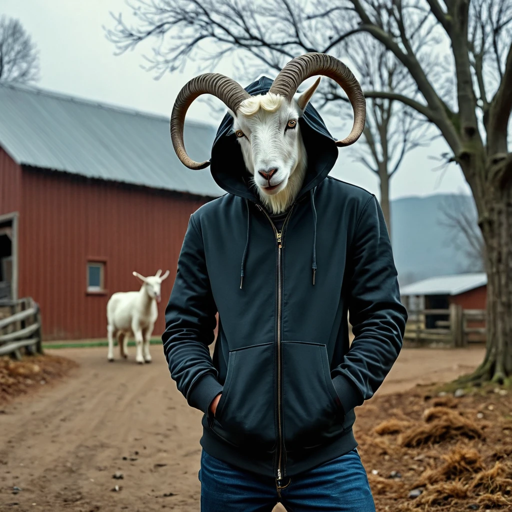 UHD, 4k, ultra detailed, cinematic, a photograph of  <lora:FLUX.1 cinematic style:1>
In FLUX.1 cinematic style a goat with a hoodie on standing in front of a barn, realism, smooth sharp photo, smooth details, perfect style, perfection style, filmic style, Kodak style, Fujifilm style, cinematic color style, perfect skin tone style, perfect texture style, detailed background, different pose, unique different image, midjourney style, cinematic film photography style, blackforestlabs style, FLUX.1 cinematic style, solo, looking at viewer, 1boy, standing, jacket, male focus, outdoors, horns, hood, blurry, tree, no humans, blurry background, animal, furry, zipper, realistic, house, goat horns, goat, hoodie, depth of field, bare tree, day, building, furry male, curled horns
, epic, beautiful lighting, inpsiring