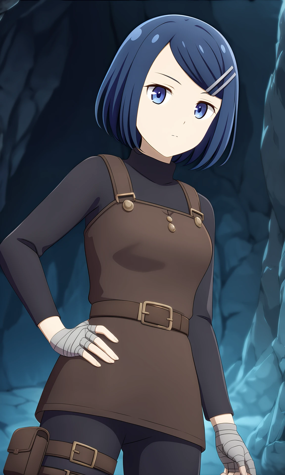 (masterpiece), (best quality), cg, (intricate details, very aesthetic), good hands, 1girl, <lora:clay-animagine:0.8> clay_wz, short hair, blue hair, blue eyes, hair ornament, hairclip, breasts, fingerless gloves, grey gloves, bandages, long sleeves, black bodysuit, bodysuit, long sleeves,  thigh pouch, bandaged hand, bandaged hand,  turtleneck, brown belt, brown pinafore dress, standing, looking at viewer, expressionless, indoors, cave, hand on hip, dynamic angle