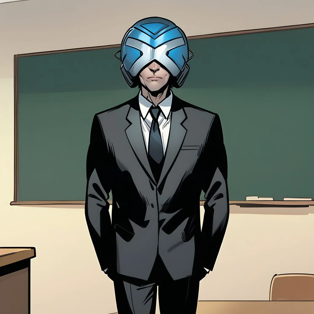 score_9, charles_xavier, helmet, standing inside a classroom, blackboard in the background, black teacher's suit, hands behind his back, looking at the viewer, closed mouth, <lora:professor_x:1>