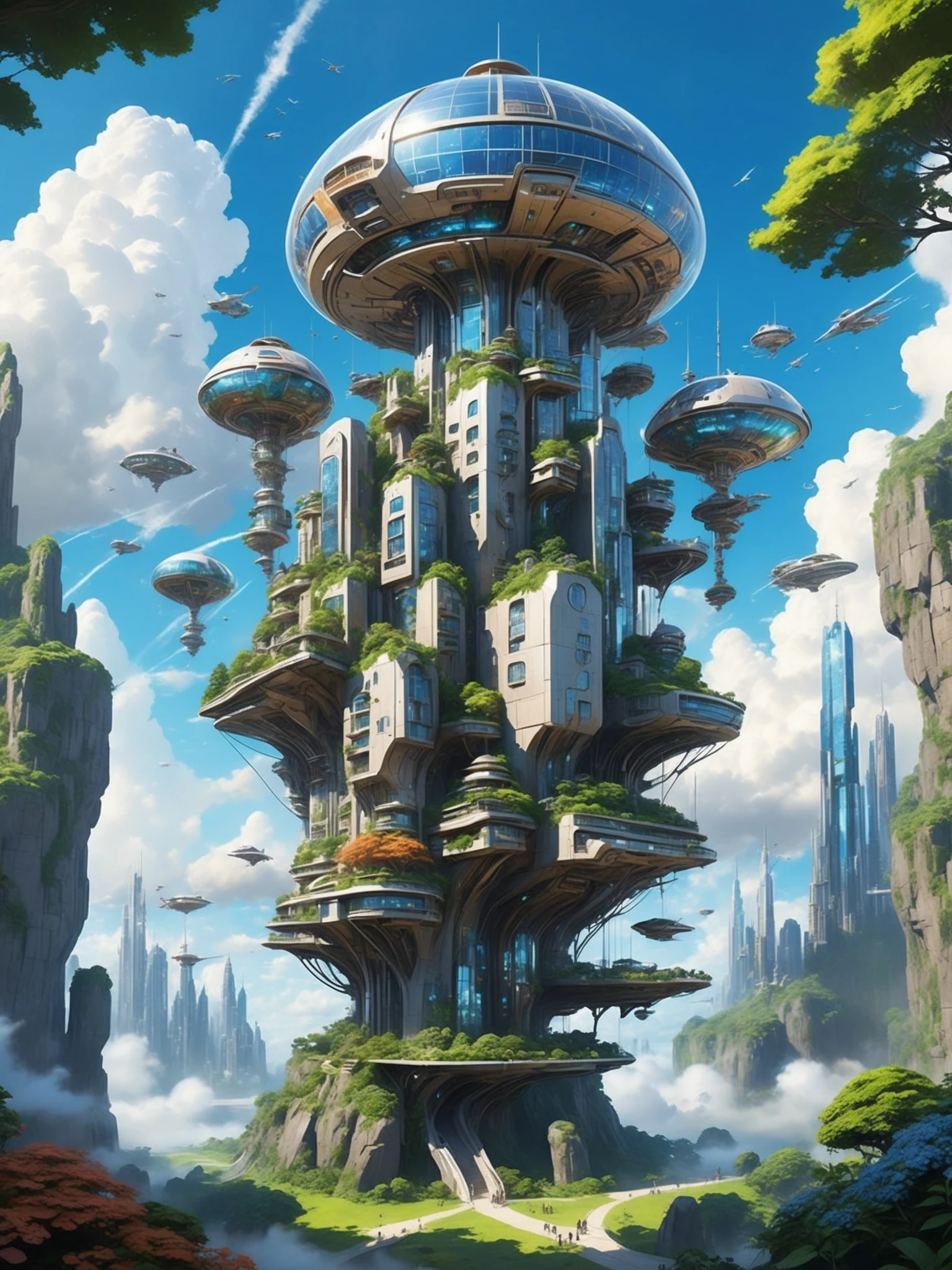 FRESHIDEAS Castle in the sky,A massive, floating space station with numerous glass spiral buildings and towers surrounding a central tower on an island at its core. The sky is a vibrant blue, with fluffy white clouds drifting overhead, and lush greenery covering the ground below. In the style of Hayao Miyazaki's anime. The buildings should feature some futuristic elements, such as flying vehicles or people wearing cyberpunk-inspired attire. It evokes a sense of familiarity and wonder, as if you're at home while experiencing something new and beautiful