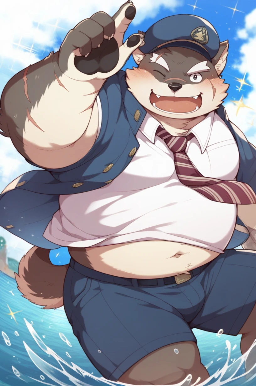 score_9,score_8_up,score_7_up,masterpiece,best quality,anthro,highres,anime style,moritaka,1boy,male focus,belly,brown fur,furry male,animal ears,plump,scar,dog boy,dog ears,furry,hat,fangs,bara,navel,scar on face,solo,sparkle,shorts,water,one eye closed,necktie,thick eyebrows,splashing,shirt,dog tail,short hair,tail,smile,<lora:moritaka_SDXL_indigo(v2)-000010:1:lbw=0,0,0,0,0,0,0,0,1,1,1,1,1,1,1,1,1,0,0,0,0,0,0,0,0,0>,<lora:add-detail-xl:0.4>,black eyes,