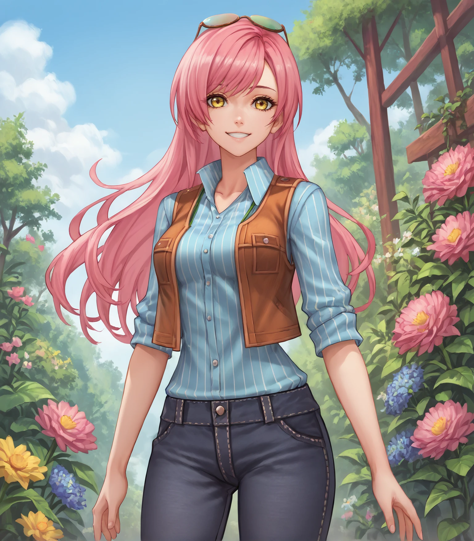 score_9, score_8_up, score_7_up,
1girl, solo, <lora:Vivi:0.9>, Vivi, pink hair, long hair, yellow eyes, medium breasts, eyewear on head, striped shirt, vest, jeans, pants, boots,, 
outdoors, flowers, plants, sky, 
looking at viewer, cowboy shot , smile,
<lora:LDART_style_pony_v3:0.7>,, <lora:Racoonkun_Artist_Style:0.4>, racoonsan,,