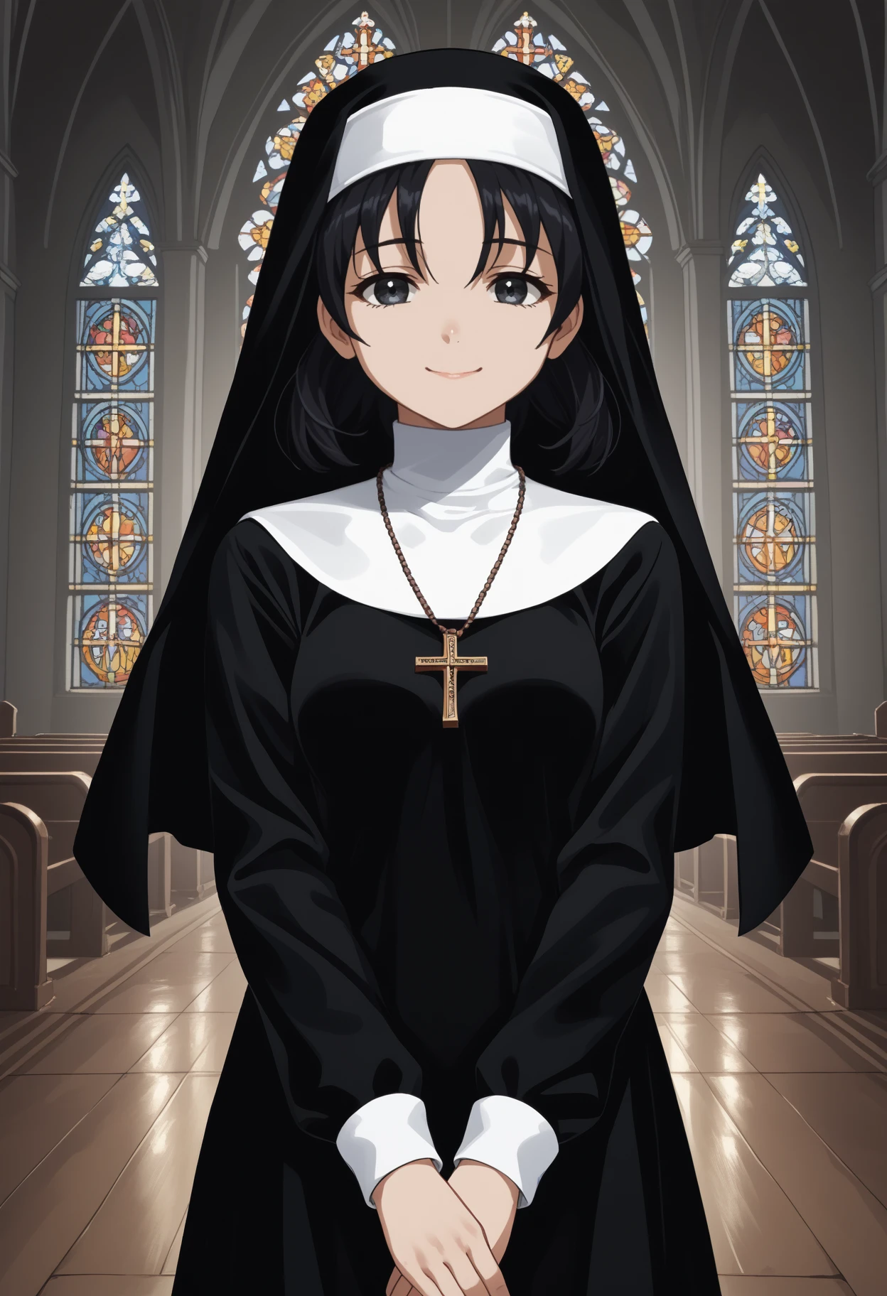 score_9, score_8_up, score_7, source_anime, <break> solo, 1girl, agkkurome, smile, looking at you, v arms, habit, nun, black dress, long sleeves, indoors, church, stained glass
<segment:yolo-face_yolov8m.pt,0.4,0.5//cid=1>