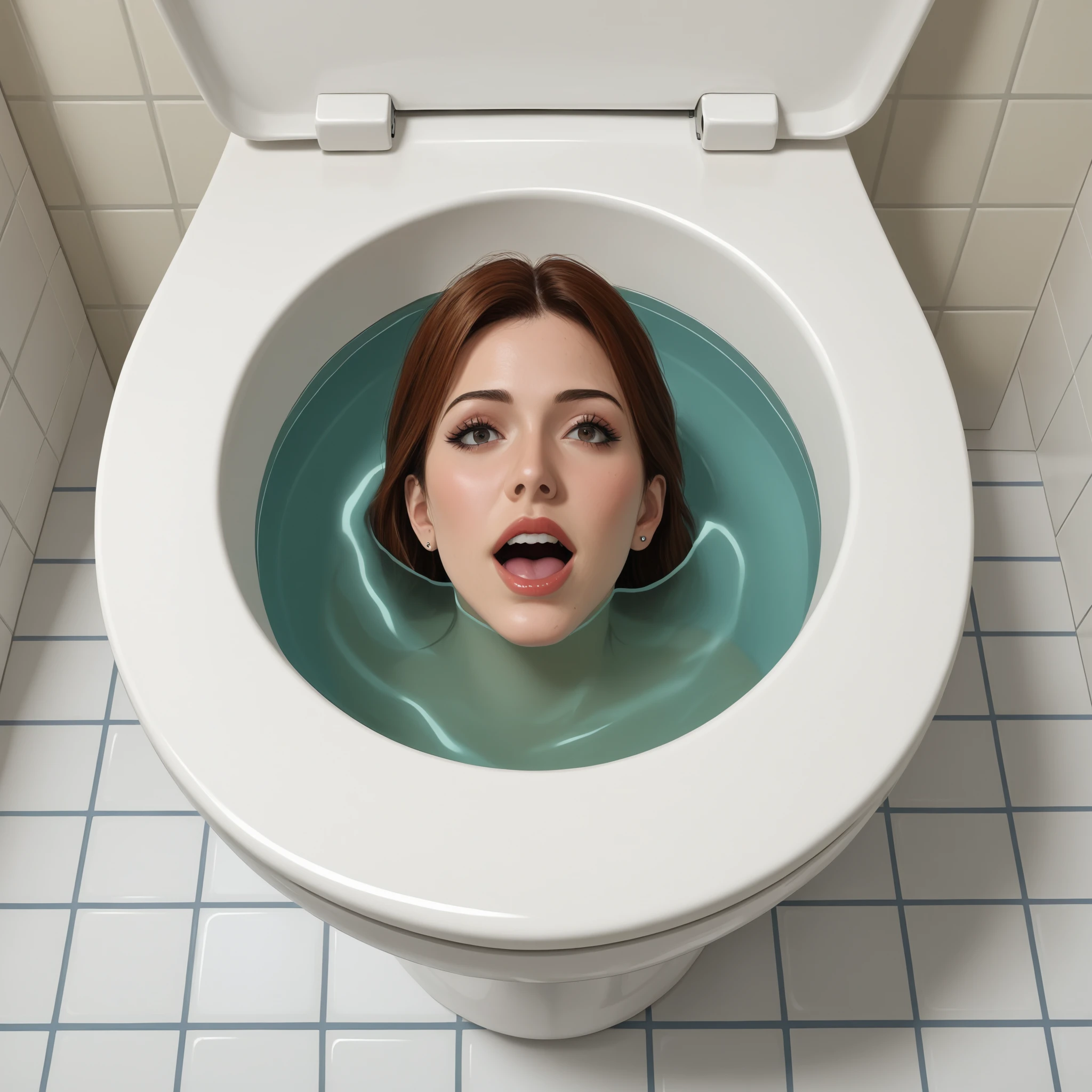 Create an anime style realistic image of a person's head emerging from a toilet bowl, their gaze fixed upwards as if peering through the drain, while their body remains submerged beneath the surface. Capture their overwhelming excitement and joy to be a head in a toilet bowl, expressing happiness and fascination in the viewer, kawakimyou, best quality, trapped, very realistic like they are imprisoned, aroused happy and excited