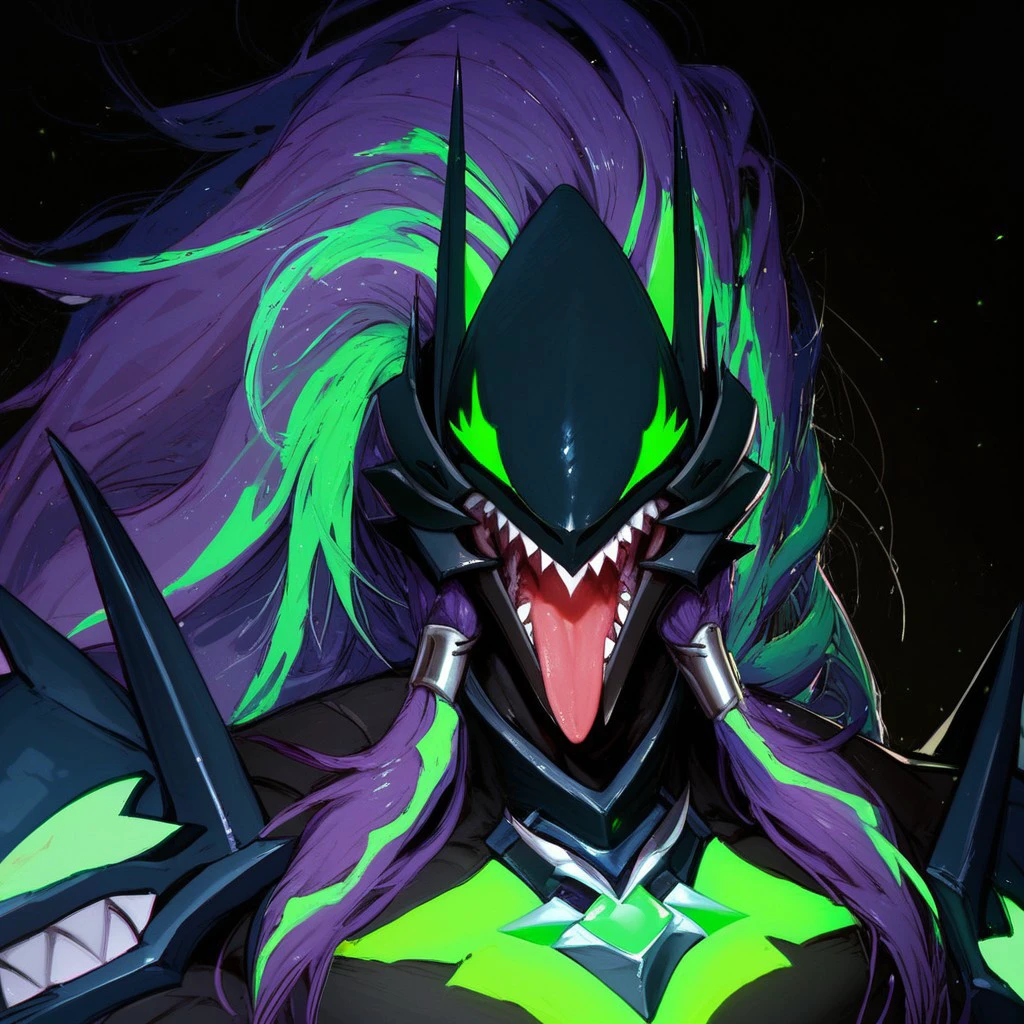 score_9, score_8_up, score_7_up, 1boy, solo,  Expressiveh, (Susano'o, humanoid, green eyes, no pupils, purple hair, green hair, two-tone hair, long hair, sharp teeth, tail, black body, green body, two-tone body, black pants, smile, open mouth, tongue out), close-up, standing, black background, simple background, 4k, masterpiece, best quality, highly detailed, realistic