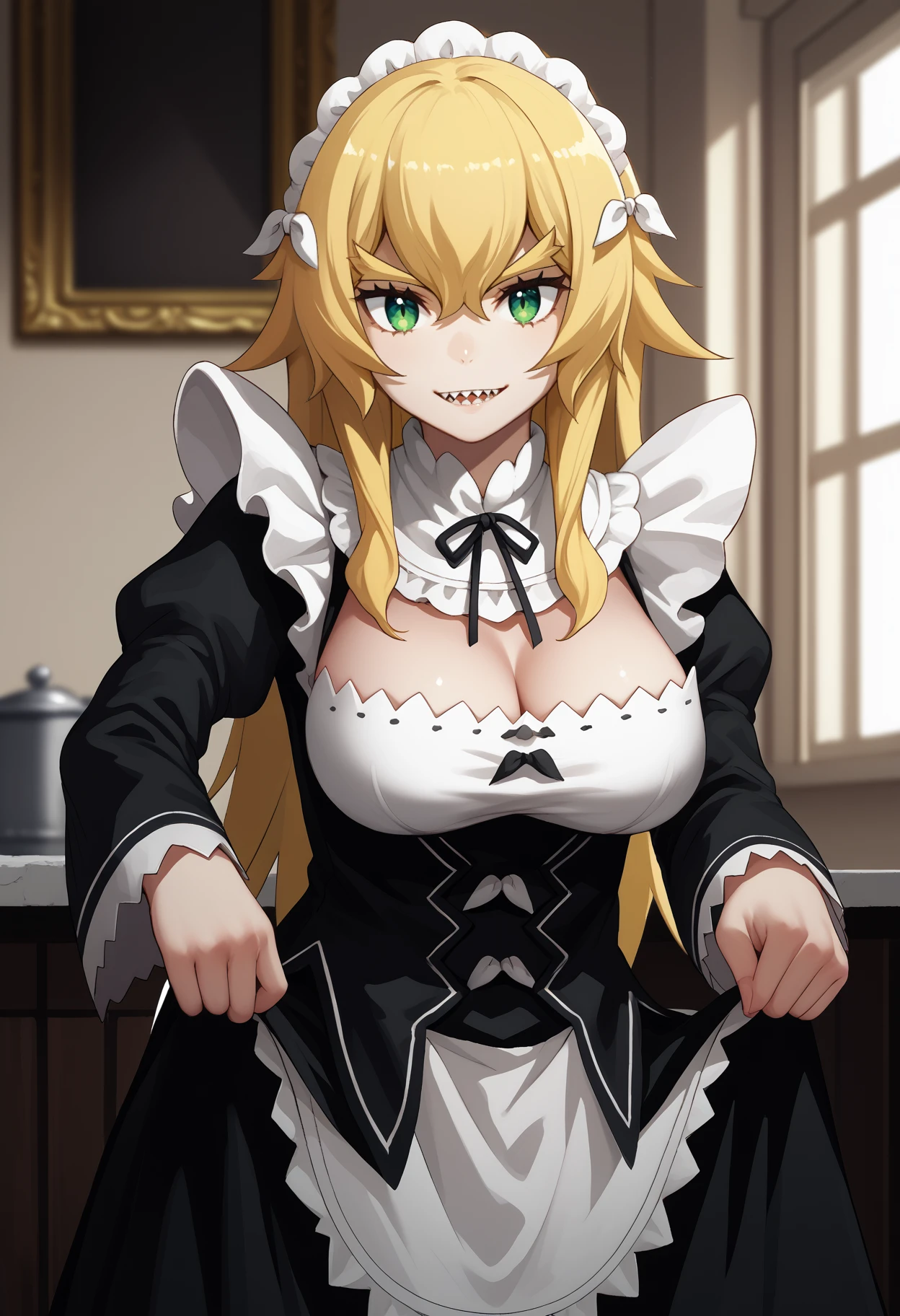 score_9, score_8_up, score_7_up, source_anime, solo, 1girl, frederica baumann, sharp teeth, smile, looking at you, skirt hold, maid headdress, thick eyebrows, roswaal mansion maid uniform, frills, black dress, neck ribbon, black ribbon, long sleeves, puffy sleeves, maid apron, waist apron, cleavage, large breasts, indoors
<segment:yolo-face_yolov8m.pt,0.4,0.5//cid=1>