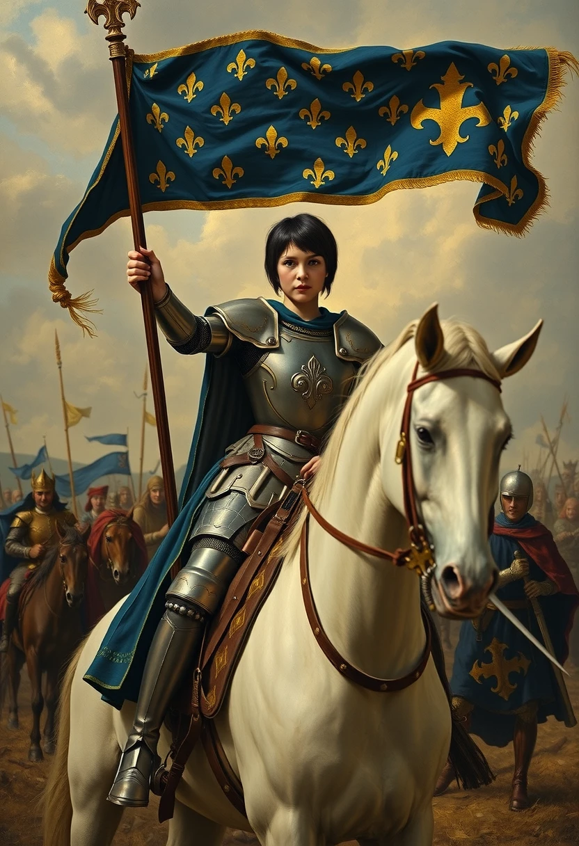 Masterpiece painting, dramatic angled-front view, , heroic painting of a beautiful girl on a medieval battlefield, short black hair, full-plate-mail armor, holding up a lance with a long and narrow blue and gold banner with hundreds of embroidered fleur-de-lis, defiance of an enemy, sitting on a large white steed,