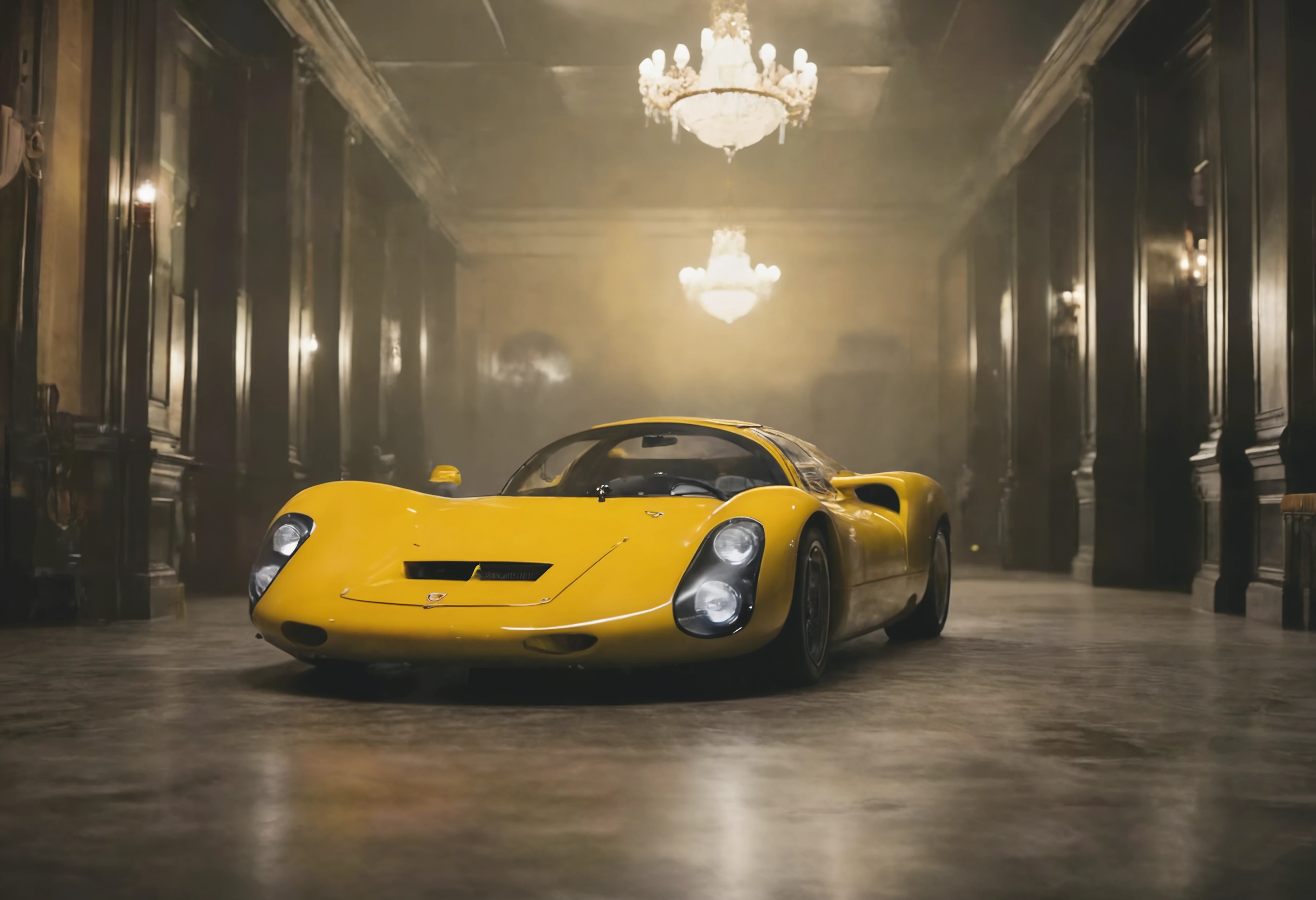 a photograph of a p0rsche9l0xl sports car, Fog/Mist: A misty or foggy setting that creates an ethereal and mysterious ambiance., Amber Yellow,  front view , A softly lit, historic ballroom with grand chandeliers., dark moody low-key, 