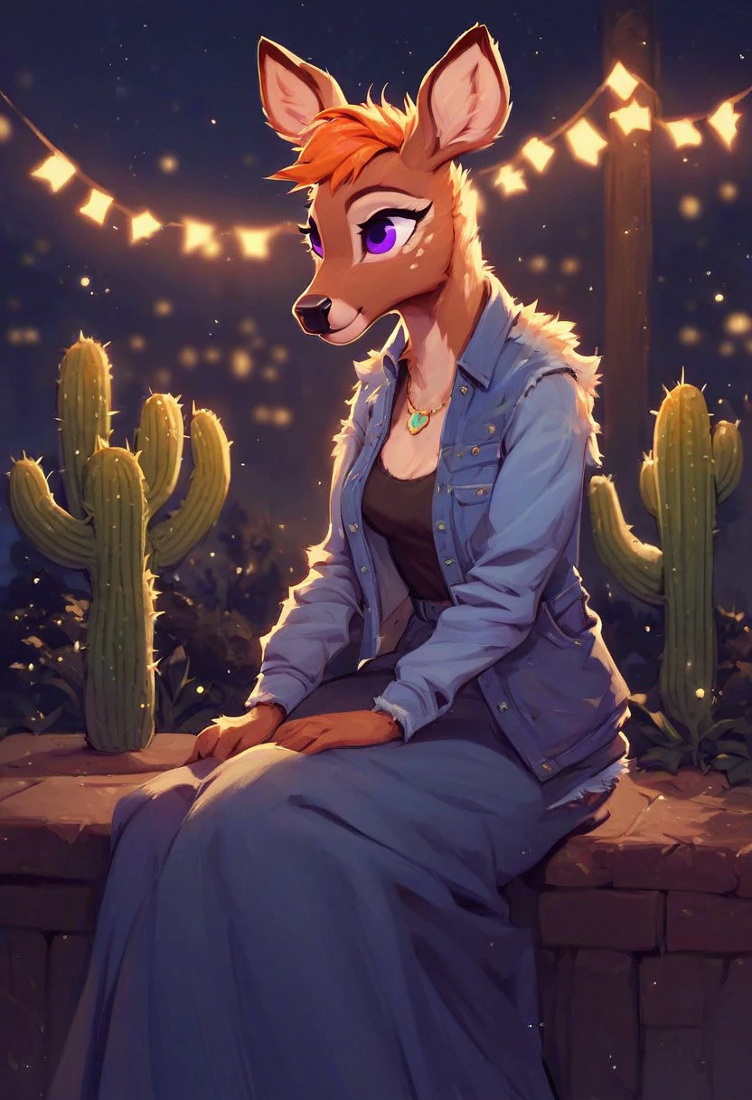 score_9, score_8_up, score_7_up, Charlotte Carson, 1girl, deer girl, solo, orange hair, brown fur, breasts, cute, purple eyes, animal ears, furry female, jewelry, denim jacket, long skirt, night, sitting, cactus