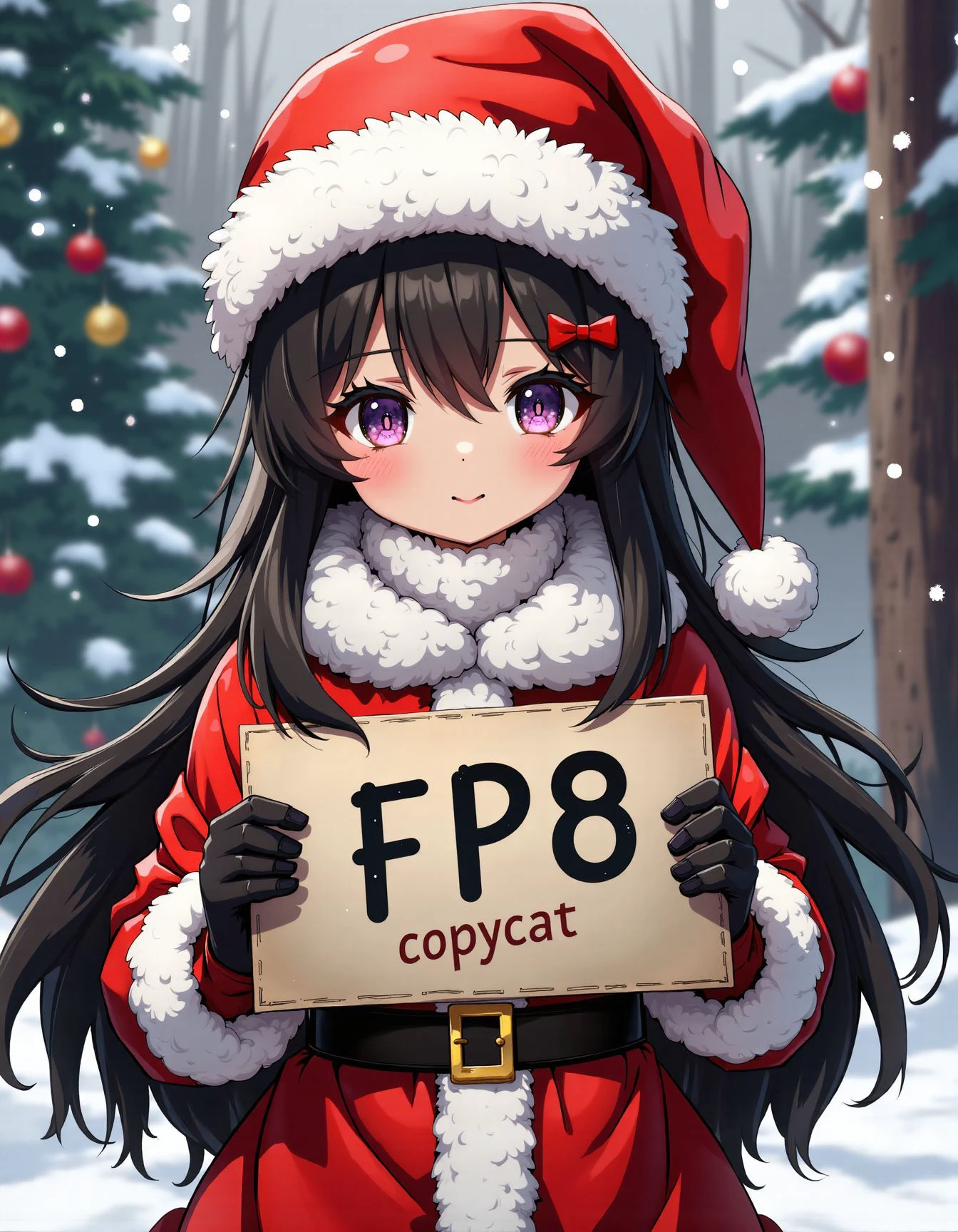 1girl clothed santa costume holding sign with "copycat FP8" written,
snowing