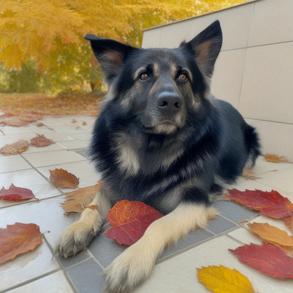 mouth hold, autumn leaves, tiles, looking at viewer, malish, outdoors, leaf, scenery, animal, fruit