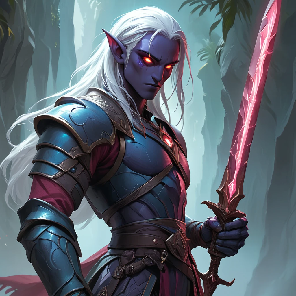 Dark Elf Warrior, male, teal armor, glowing red sword