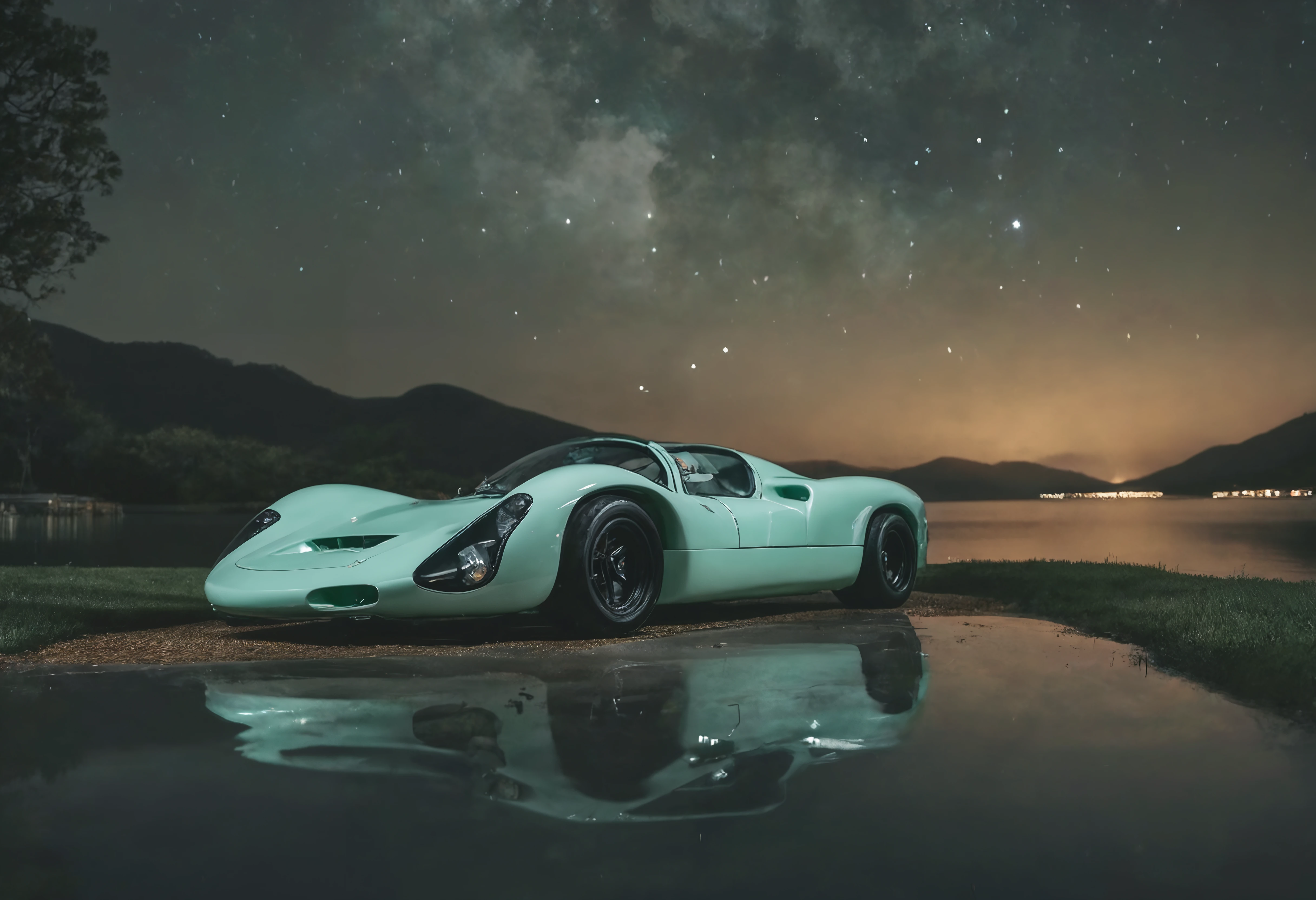 a photograph of a metallic Mint Green p0rsche9l0xl sports car, front 3/4 view, Night time, starry sky, A serene, lakeside hammock at golden hour., dark moody low-key, 