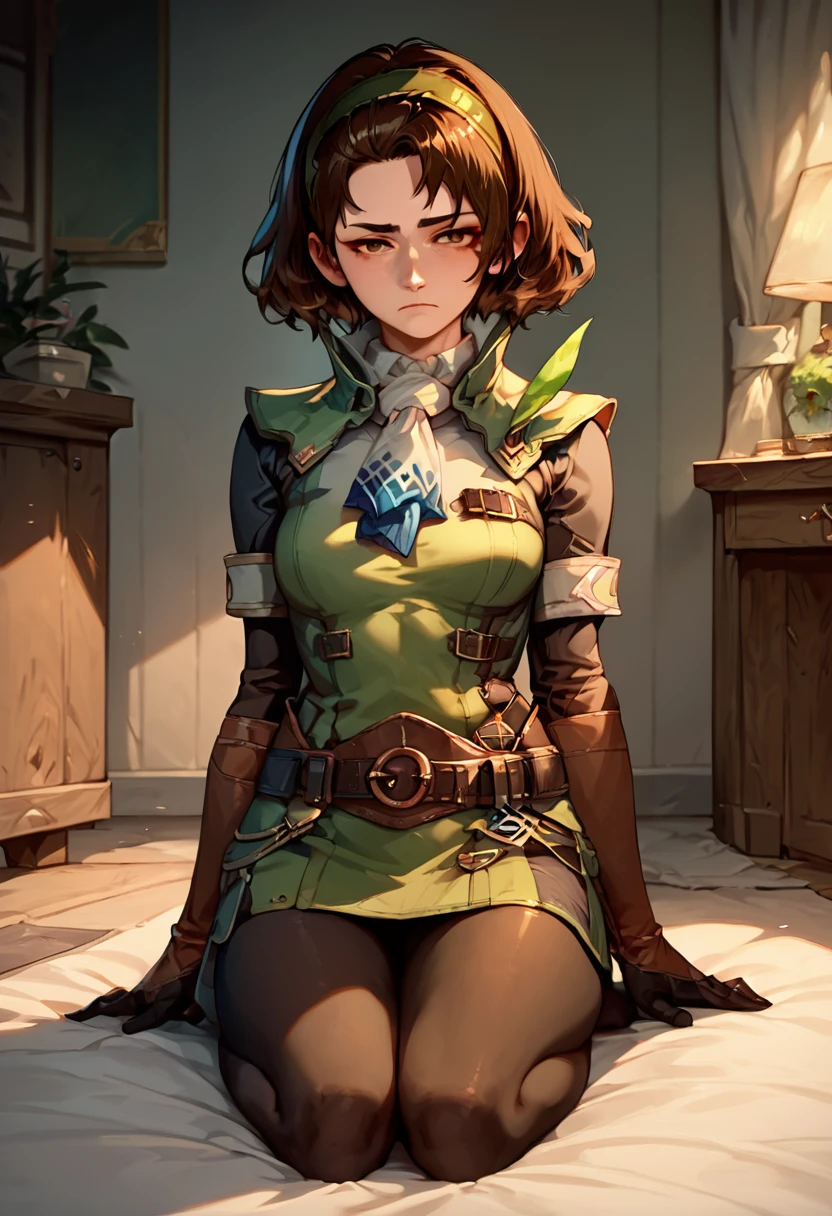 Anime, flat , (Ellen 18-years-old, short dark layered hair, Brown-eyed, small breast:1.0), hair clips 
Fantasy Rogue outfit, belt, spread legs, sitting, embarrassed, groin , fantasy , rogue tops, fantasy rogue shirt , shoulder armor 