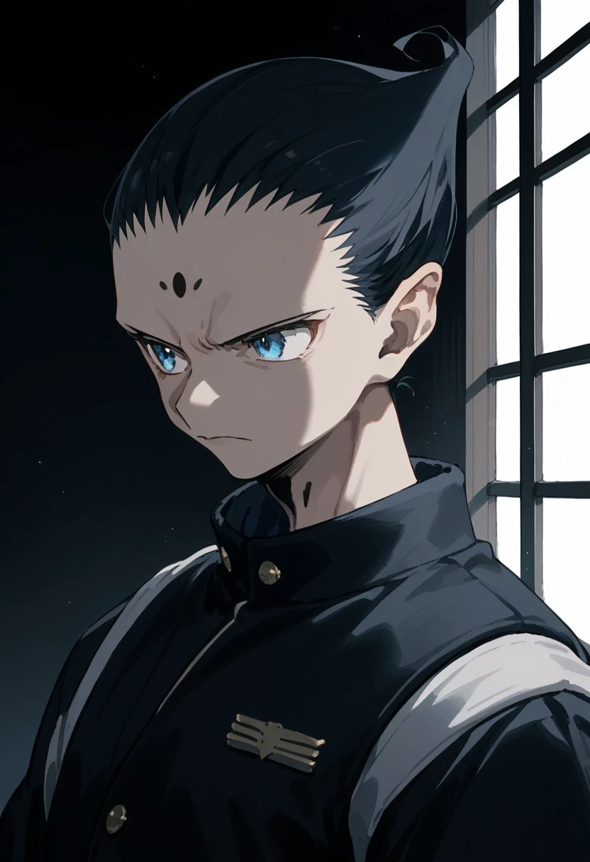 score_9, score_8_up, score_7_up, source_anime, rating_safe, ColtHXH, black hair, black forehead mark, blue eyes, 1boy, male focus, black vest, jacket, uniform, serious, flat color, dark theme, window, looking at another, solo focus, sinozick style