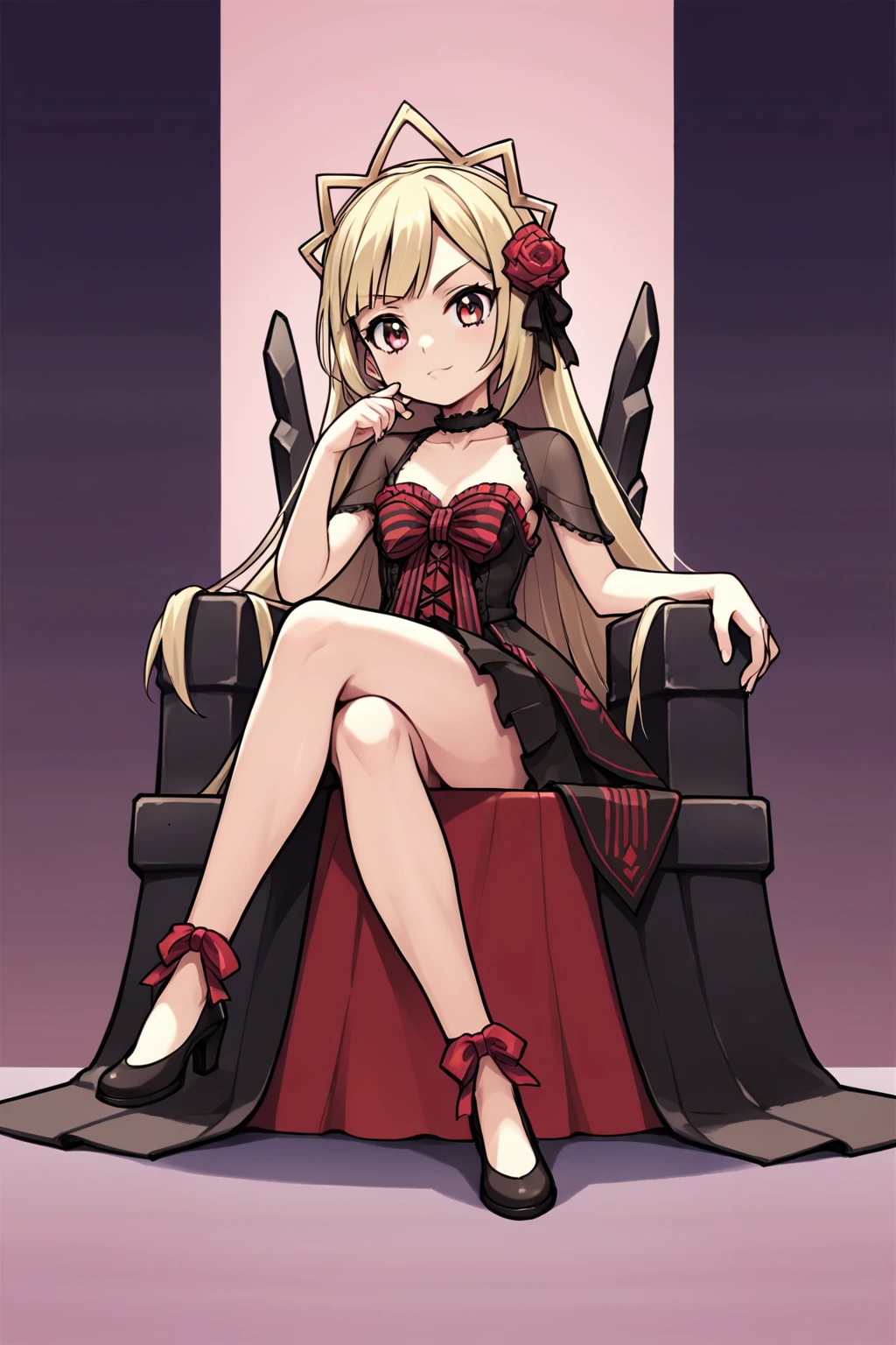 score_9, score_8_up, score_7_up, score_6_up, score_5_up, score_4_up,  source_anime, rating_safe, 1girl, ecute, crossed legs, sitting, throne