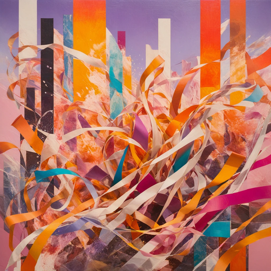 Collage-Style, front view of a vibrant abstract composition featuring a chaotic explosion of motion-blurred, colorful 3D ribbons and organic pipe-like shapes, emanating from 3D sound waves , reacting to sound waves. The scene captures dynamic flowing lines in a rich palette of orange, yellow, purple, and pink, intricately layered for depth. Ribbons