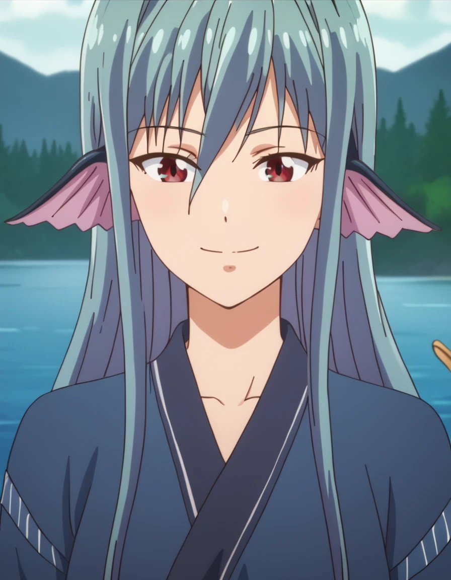 Leviathan, long hair, red eyes, animal ears, green hair, head fins,  <lora:SummonedSecondTime:1> portrait, soft smile