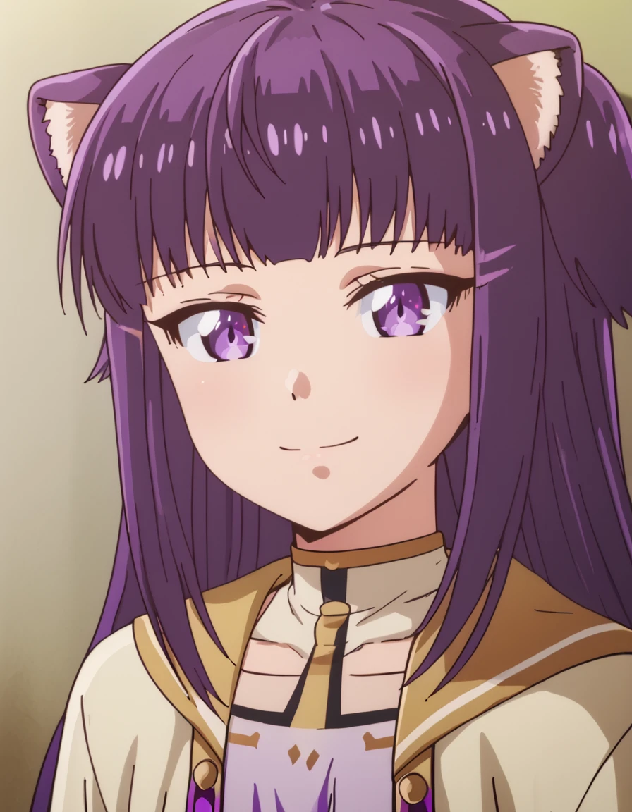 Tia, long hair, animal ears, purple eyes, purple hair, dog ears,  <lora:SummonedSecondTime:1> portrait, soft smile