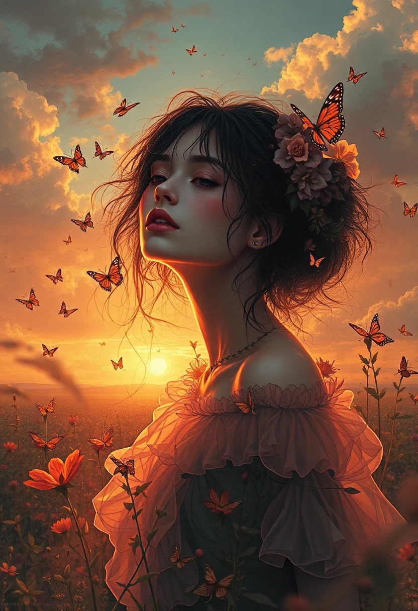 ((absurdres posterart)) realistic graceful 20-year-old 1girl,A dress of flowers and butterflys, Perfect clouds in the sunset, motif buttereflies flying firefly, sounds of morning melody, Motif sunset shades, motif sunset tones, Rossdraws, Atey Ghailan, Benedick Bana, and carne griffiths, Fields of flowers,
detailed face focus, rays tracing, piercing light, , long face :1