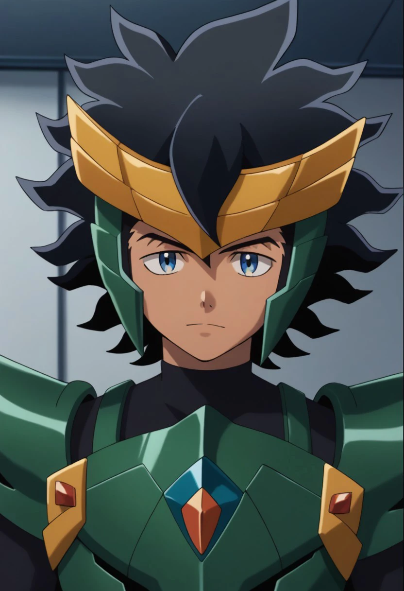 score_9, score_8_up, score_7_up, source_anime, highly detailed, 
kurama, 1boy, male focus, solo, black hair, dark-skinned male, dark skin, upper body, blue eyes, gaist green armor