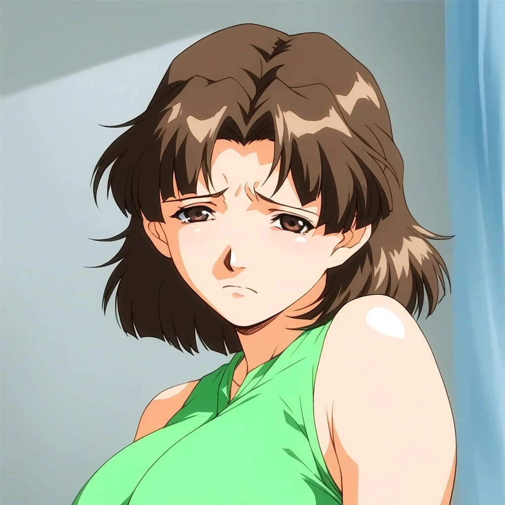 score_9, score_8_up, score_7_up, source_anime, rating_explicit, BREAK  <lora:Minami_Nadeshiko_Anime_XL:1> MinamiNadeshiko_Anime, brown hair, short hair, large breasts, brown eyes, parted bangs,
1girl, solo, sleeveless, sad,  shirt, sleeveless shirt, bangs, looking at viewer, upper body, green shirt
room, curtain,