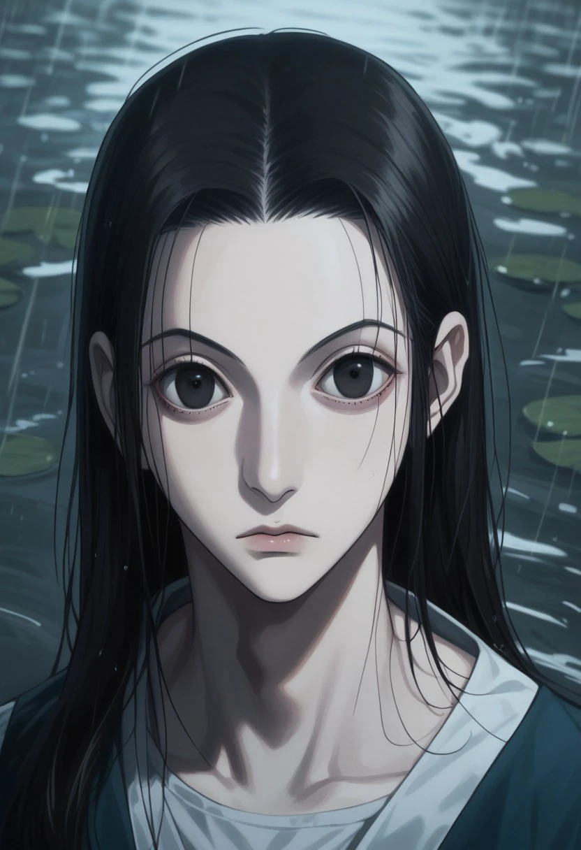 score_9, score_8_up, score_7_up, source_anime, rating_safe, water, IllumiHXH, black Illumi eyes, black hair, 1boy, male focus, collarbone, Japanese clothes, expressionless, from above, blurry outdoors lake, on water, raining-outdoors, blue theme, realistic shading, horror (theme), uncanny, creepy stare,